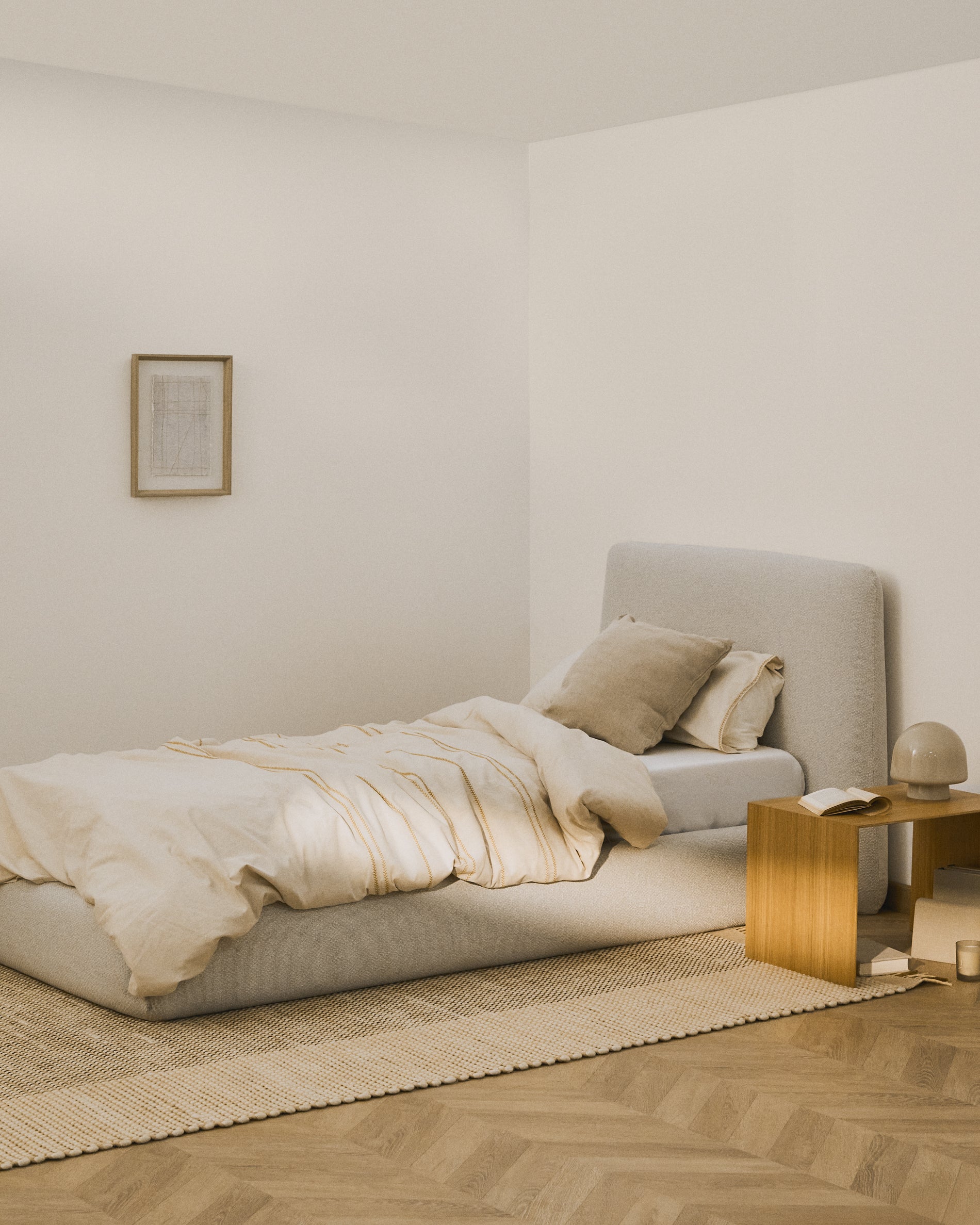 Martina bed with removable cover in ecru chenille for mattress 90 x 200cm - Lifestyle