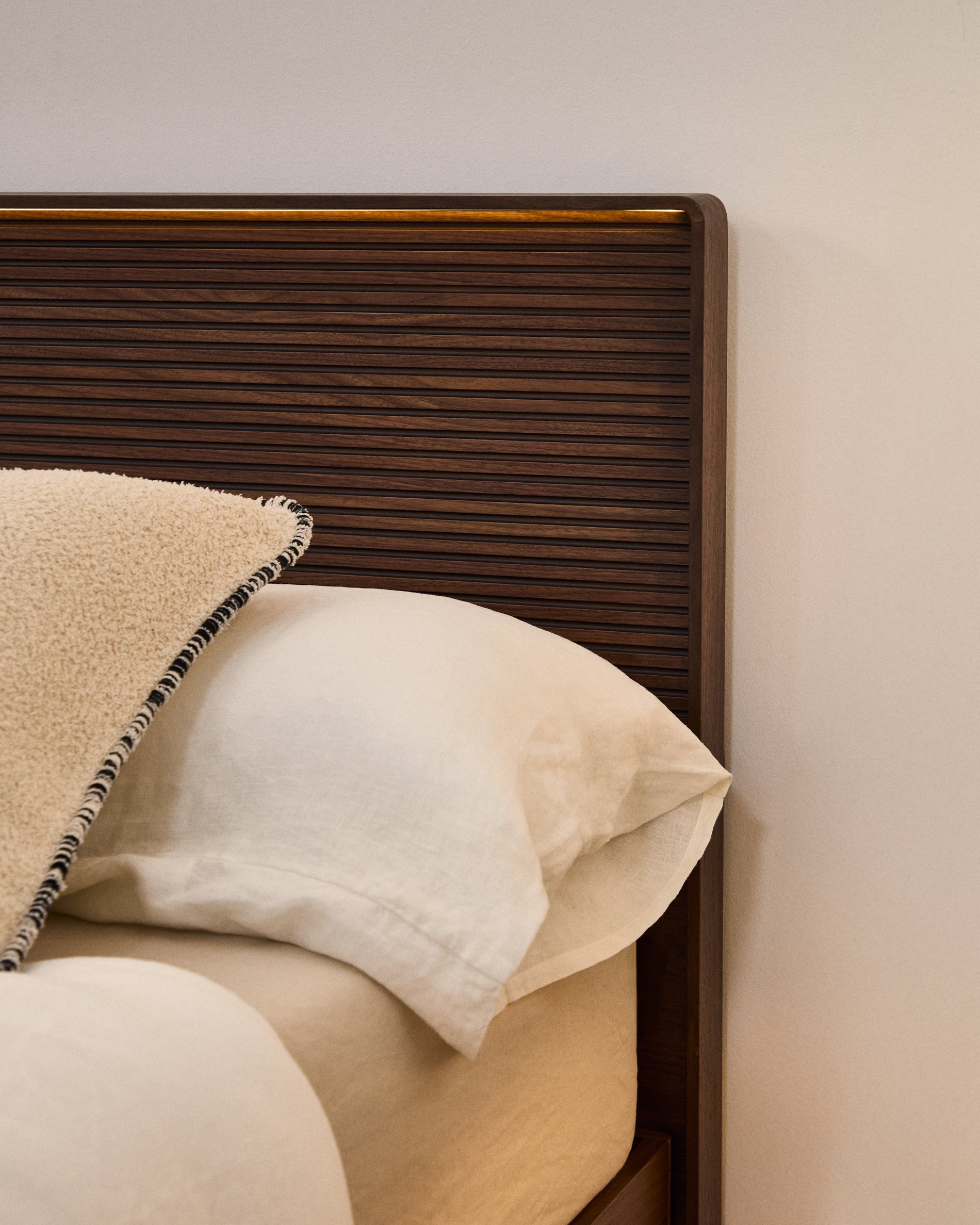 Norlen bed in walnut veneer with dark finish and LED light for 160 x 200cm mattress FSC Mix Credit - Lifestyle