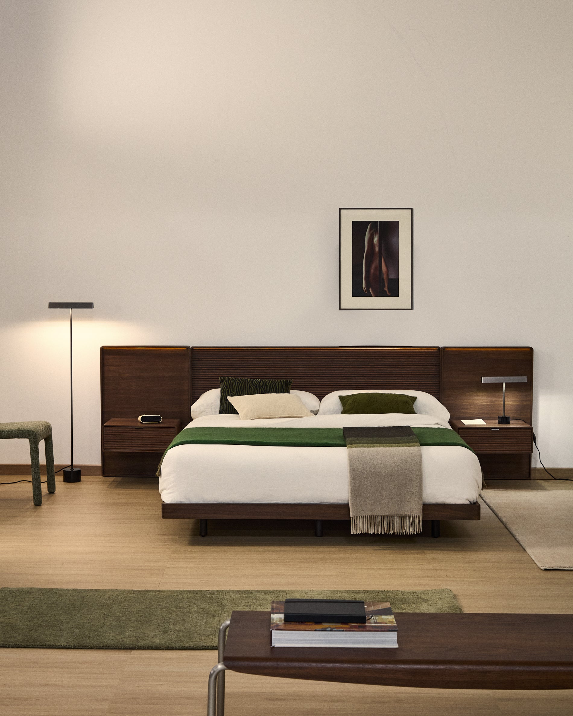 Norlen bed with 2 bedside tables in walnut veneer with dark finish and LED light for 160 x 200cm mattress FSC Mix Credit - Lifestyle