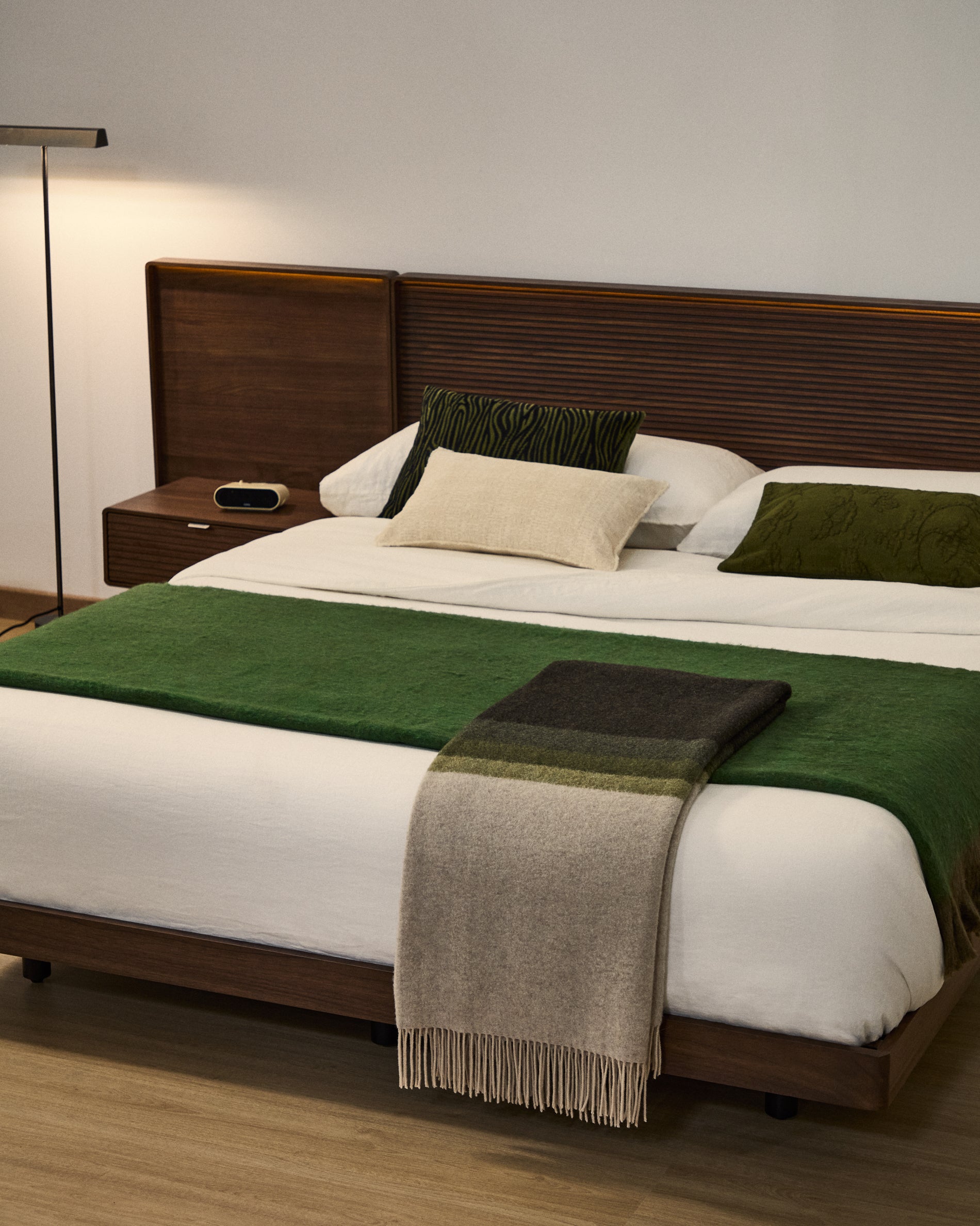 Norlen bed with 2 bedside tables in walnut veneer with dark finish and LED light for 160 x 200cm mattress FSC Mix Credit - Lifestyle