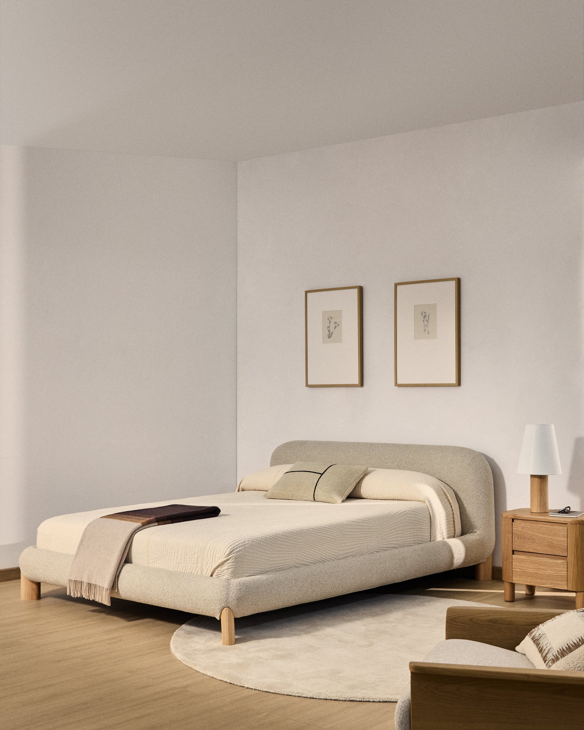 Odina ecru bouclé bed with removable cover and solid ash wood legs with natural finish for 180 x 200cm mattress - Lifestyle