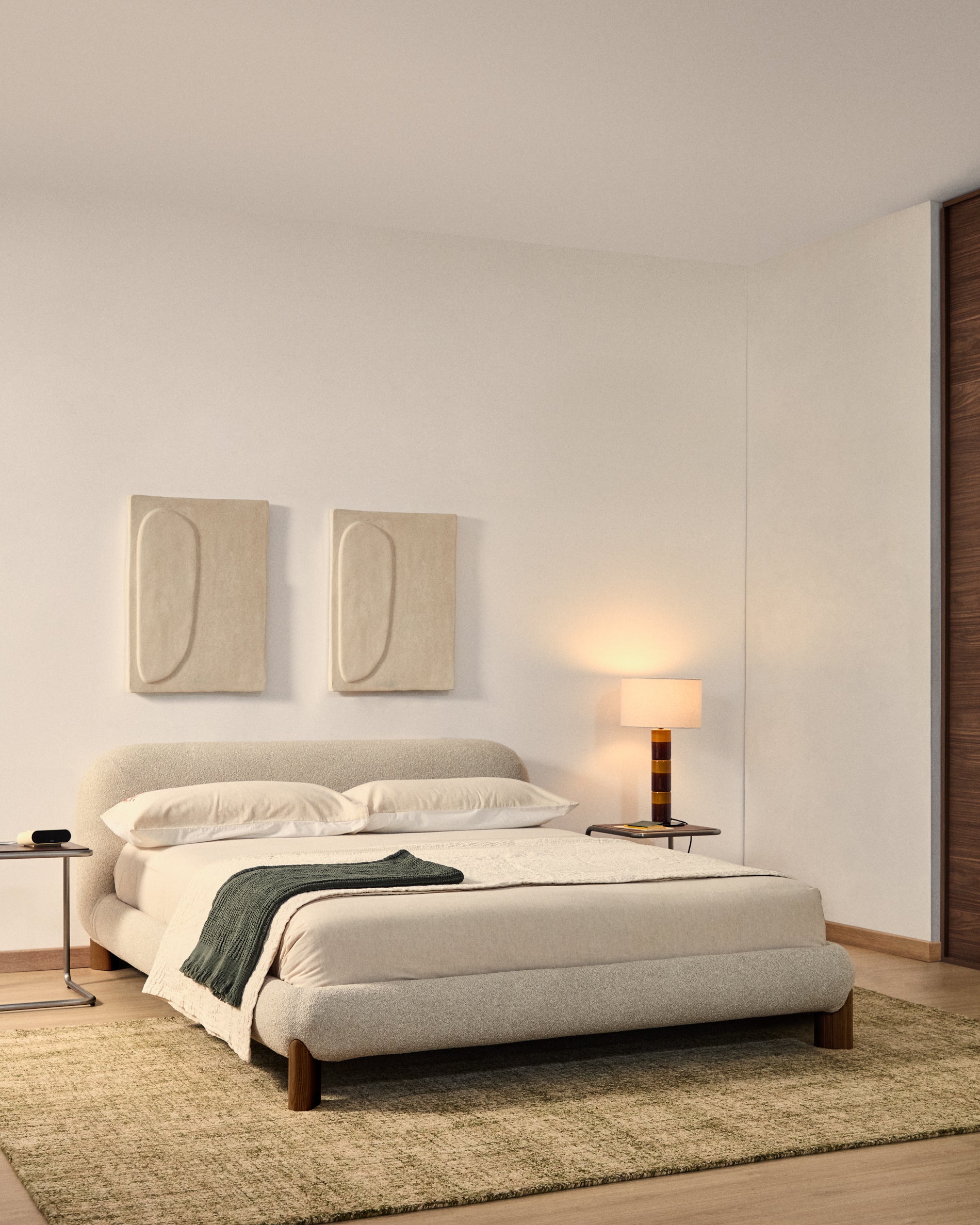 Odina ecru bouclé bed with removable cover and solid ash wood legs with walnut finish for 160 x 200cm mattress - Lifestyle