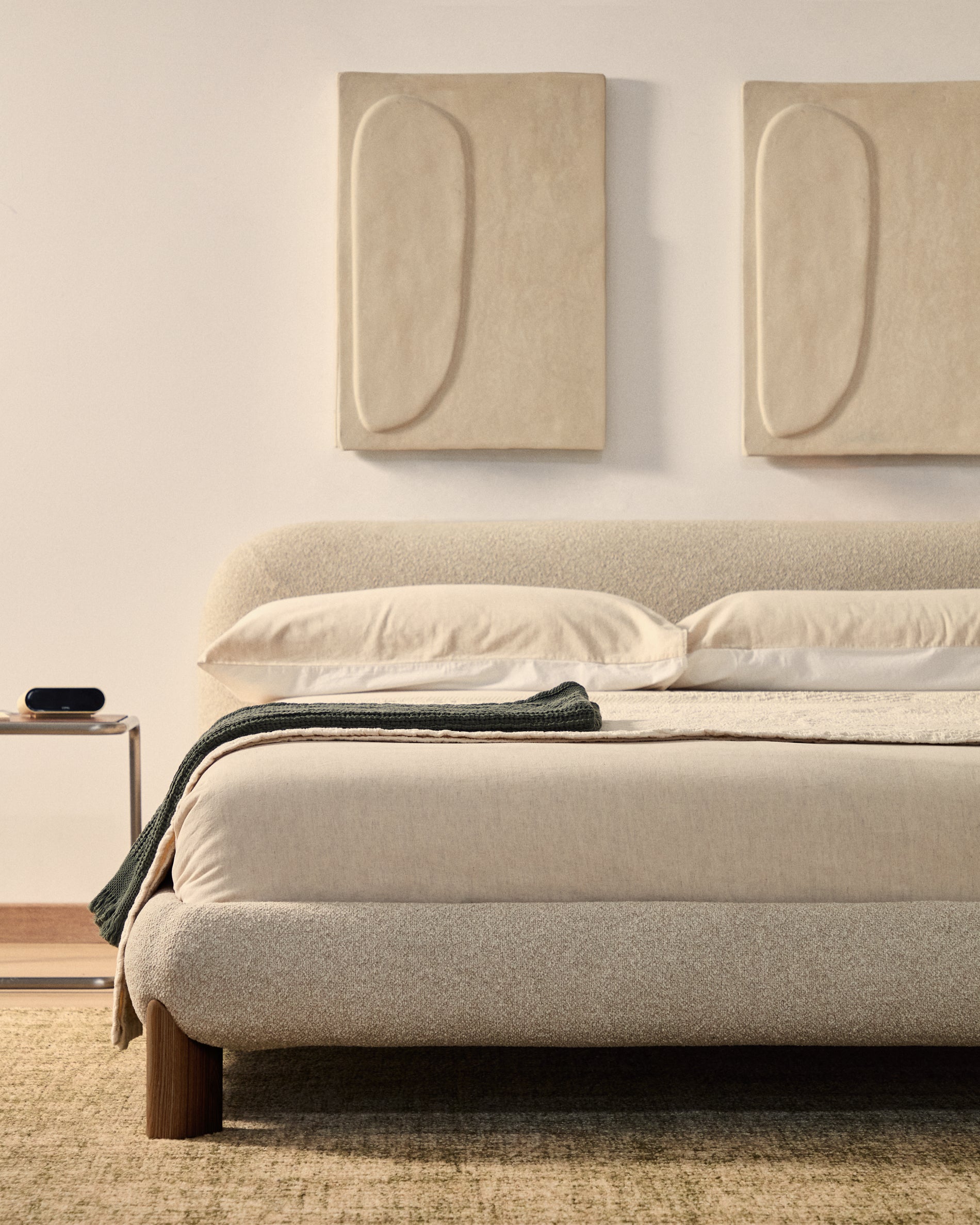 Odina ecru bouclé bed with removable cover and solid ash wood legs with walnut finish for 160 x 200cm mattress - Lifestyle