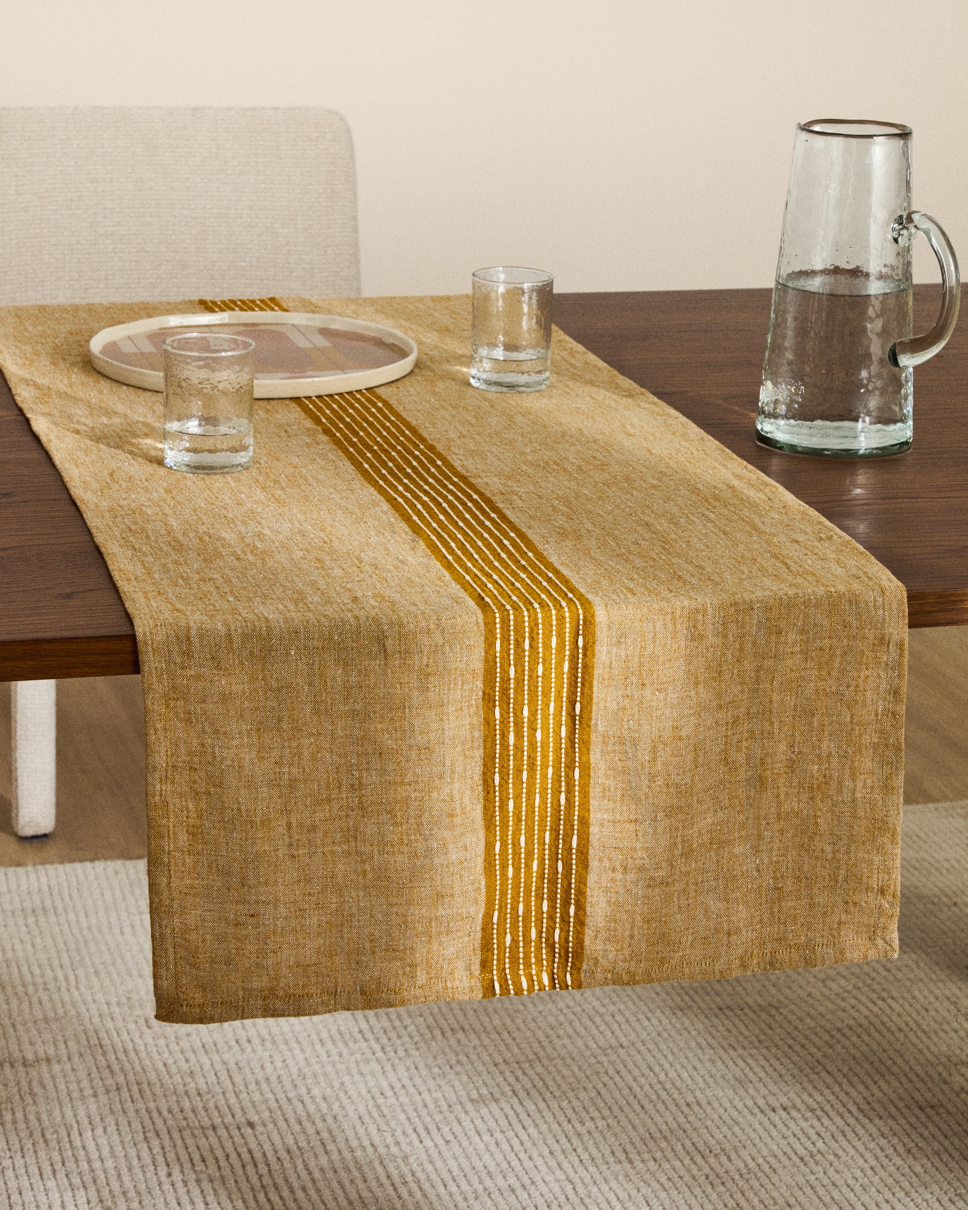 Calena linen jacquard table runner with mustard central stripe 50 x 150 cm - Lifestyle