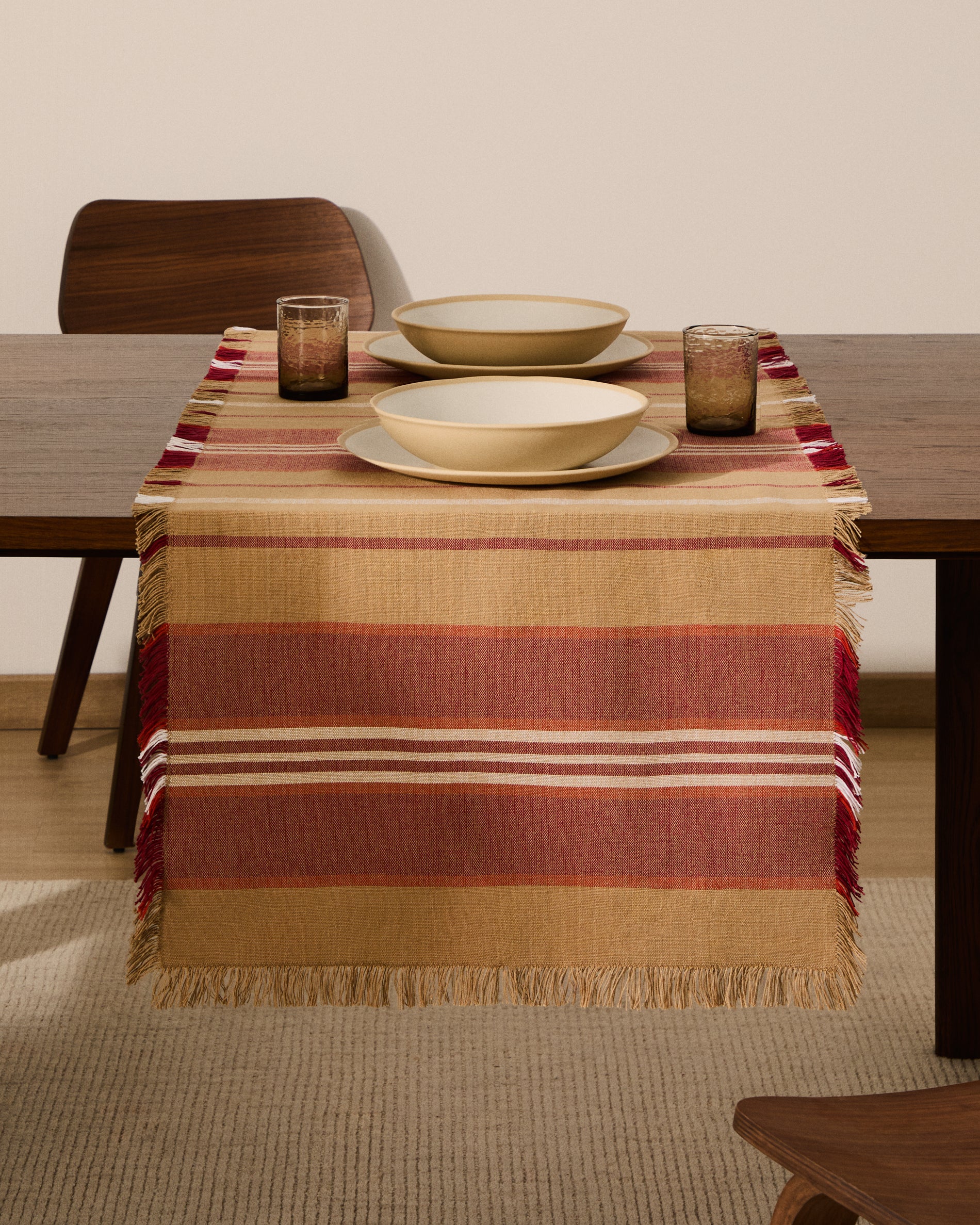 Davia 100% cotton table runner with red stripes and fringed detail 50 x 150cm - Lifestyle