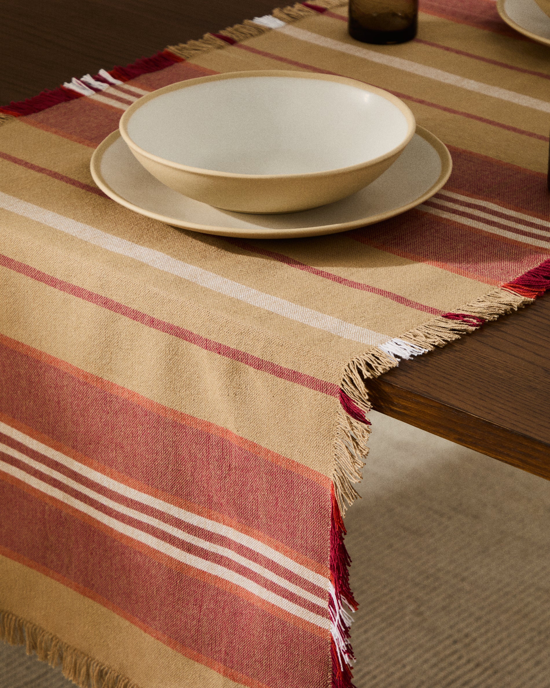 Davia 100% cotton table runner with red stripes and fringed detail 50 x 150cm - Lifestyle