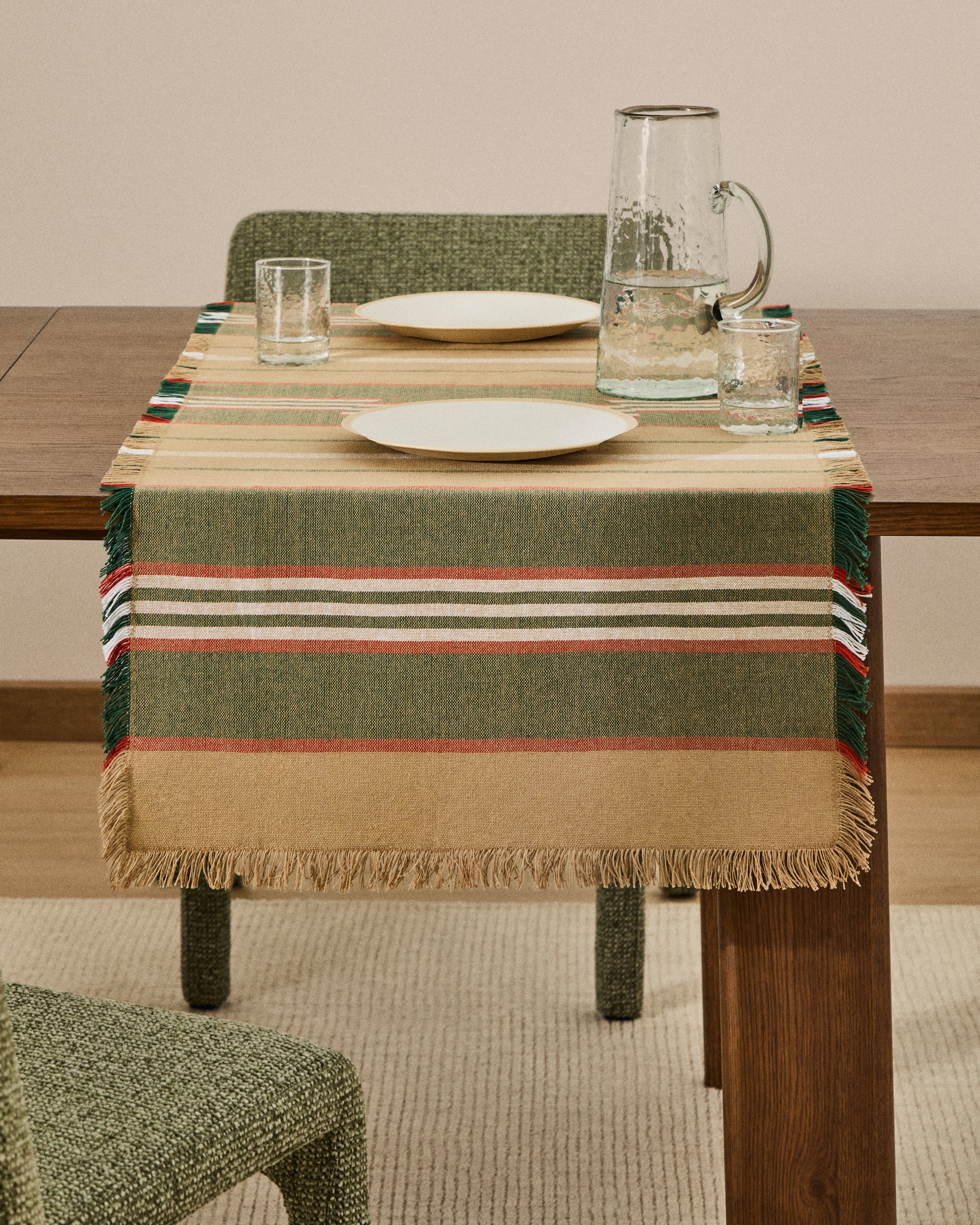 Davia 100% cotton table runner with green stripes and fringed detail 50 x 150cm - Lifestyle