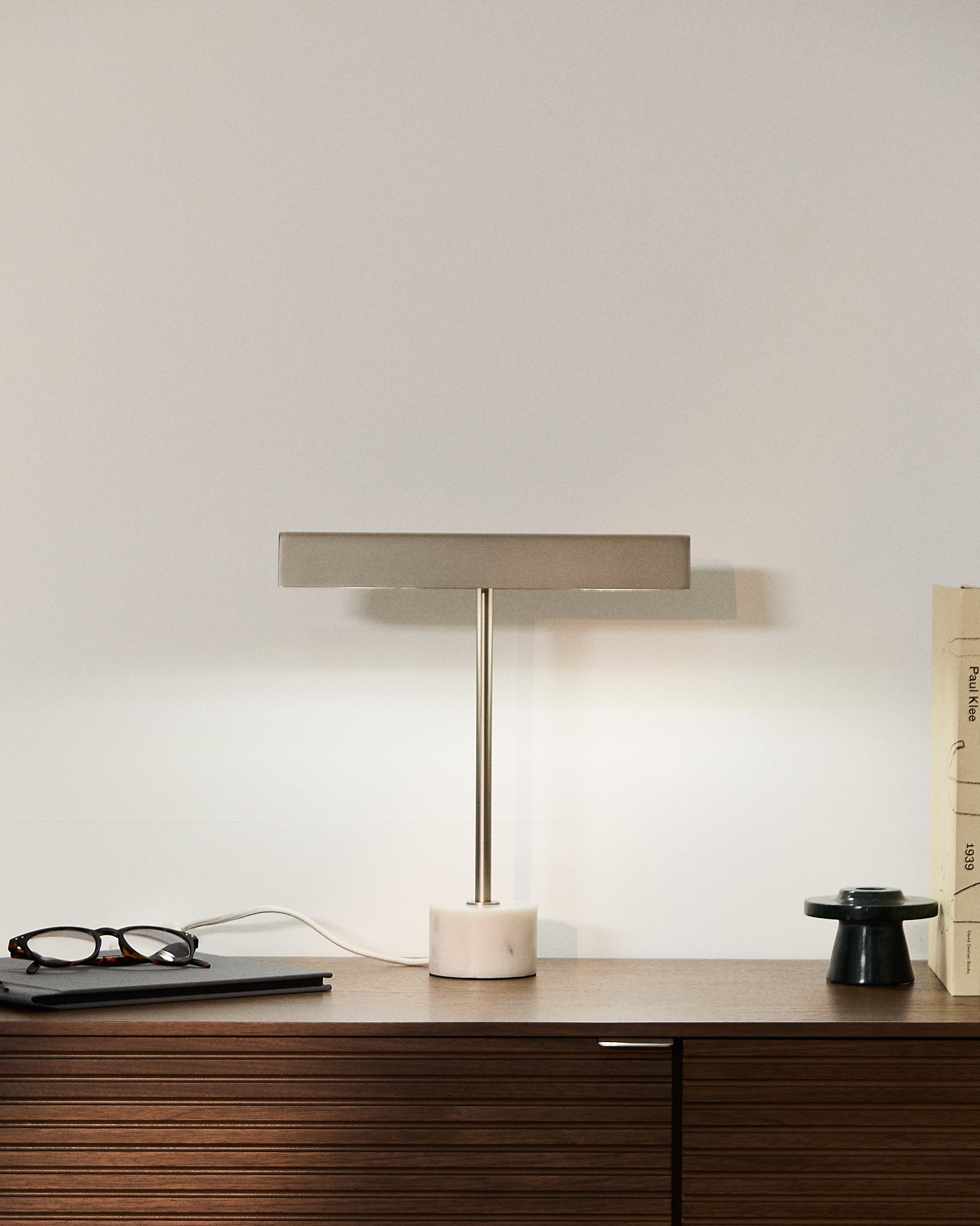 Lynor brushed metal table lamp with white marble base - Lifestyle