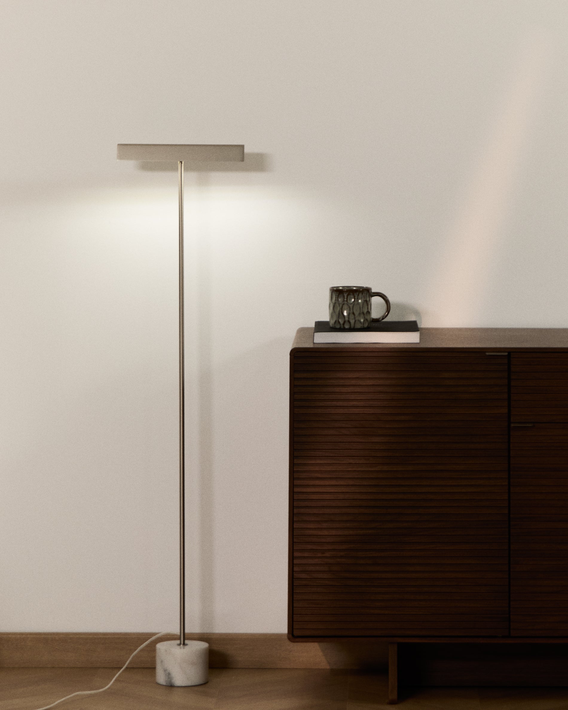 Lynor brushed metal floor lamp with white marble base - Lifestyle