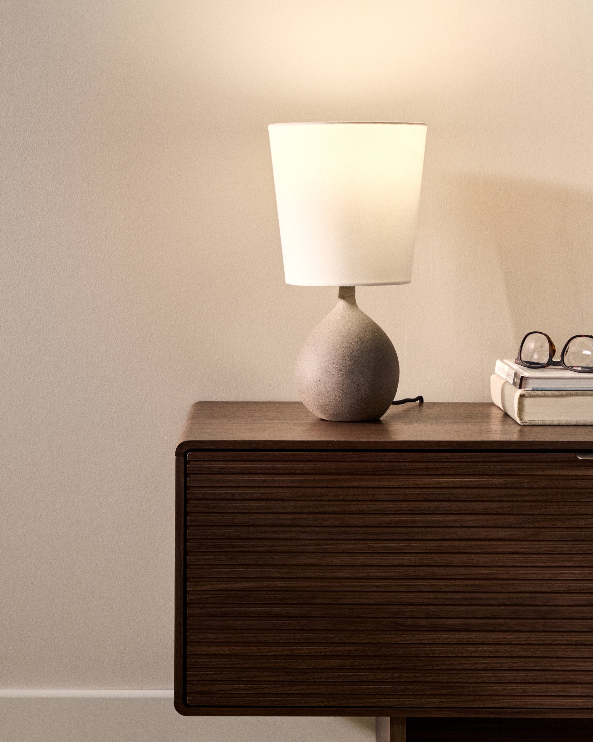 Viona large table lamp with textured stone effect and cotton lampshade - Lifestyle