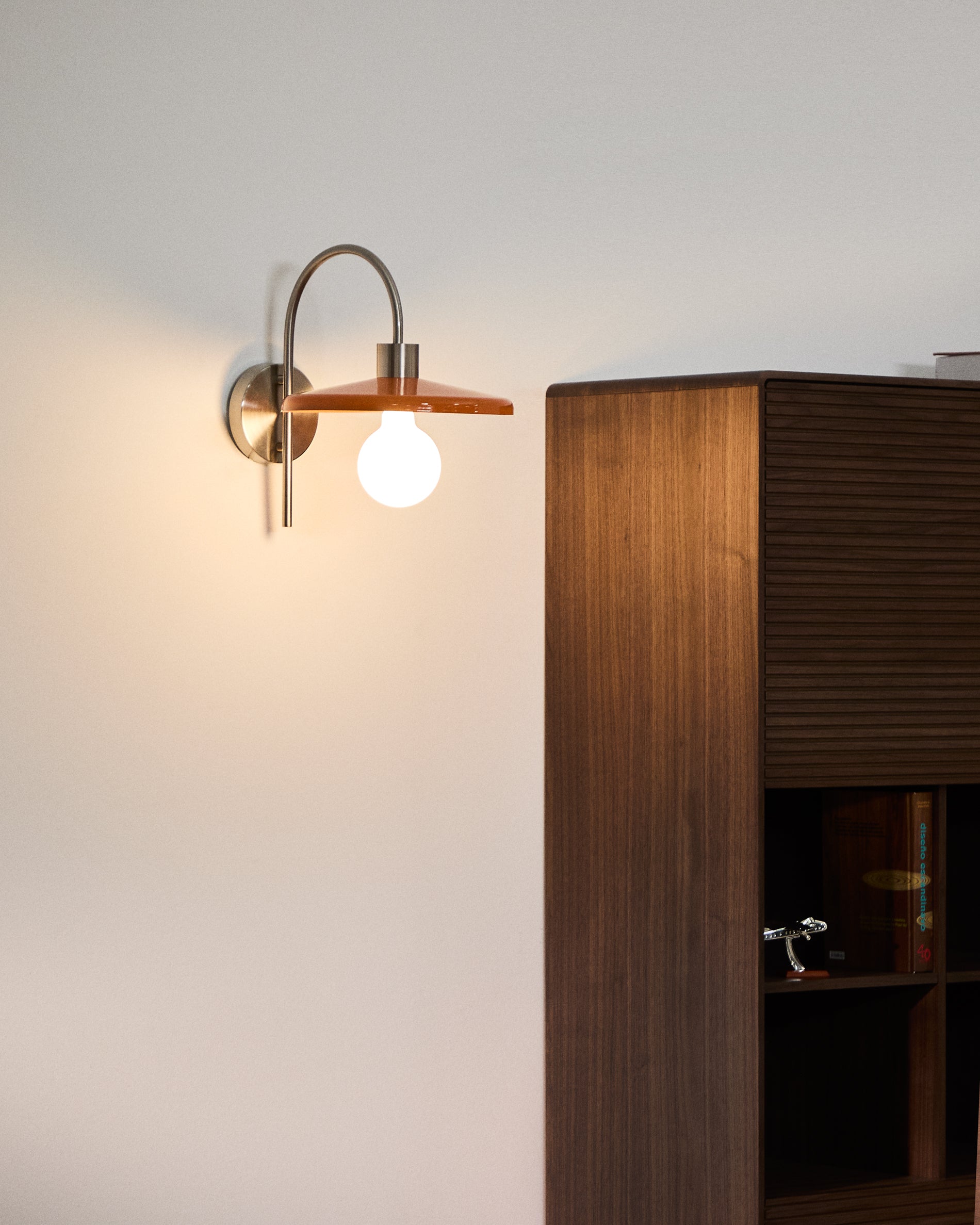 Nuvira wall light in light grey brushed metal with orange lampshade - Lifestyle