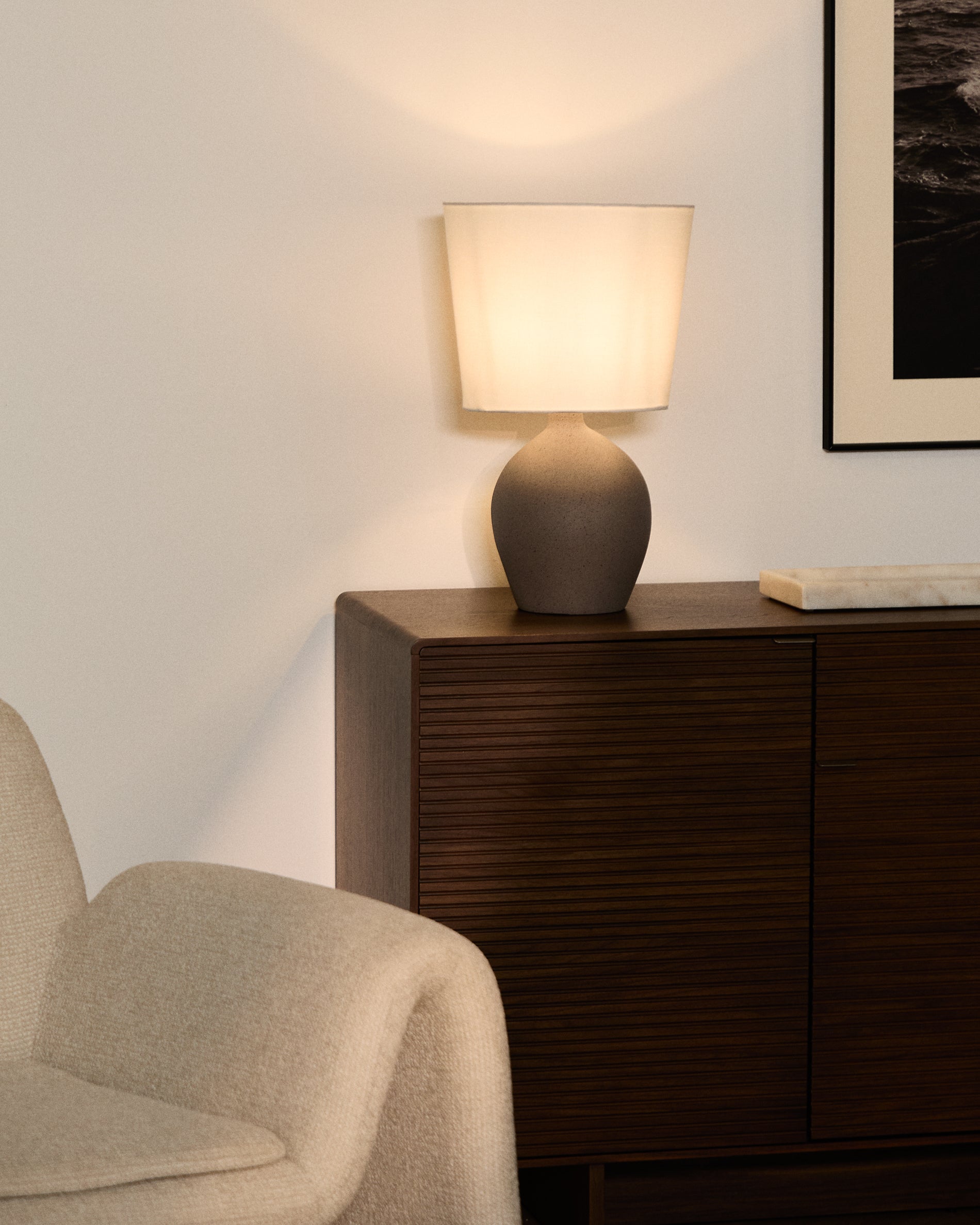 Viona large table lamp with textured stone effect and cotton lampshade - Lifestyle