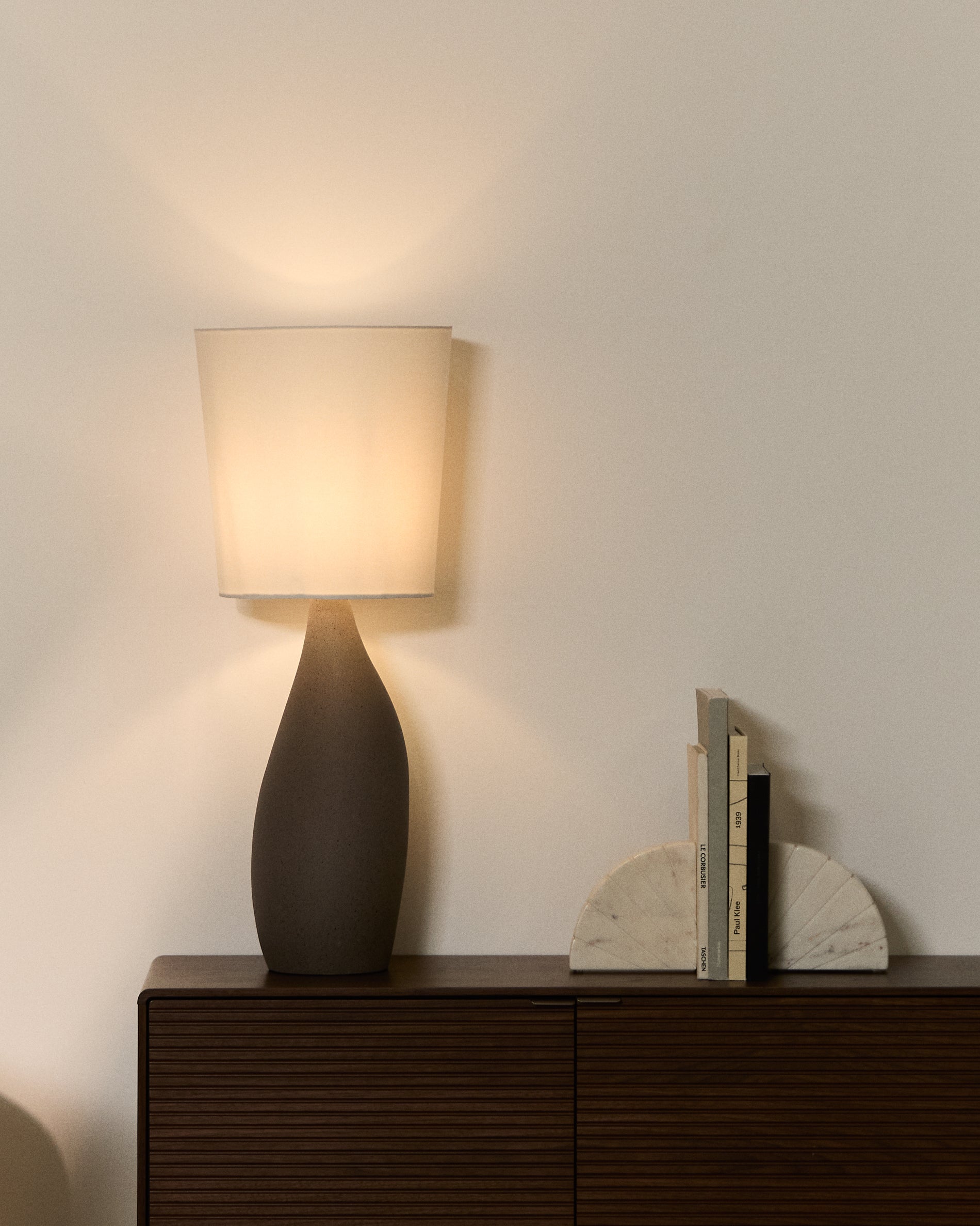 Viona large table lamp with textured stone effect and cotton lampshade - Lifestyle