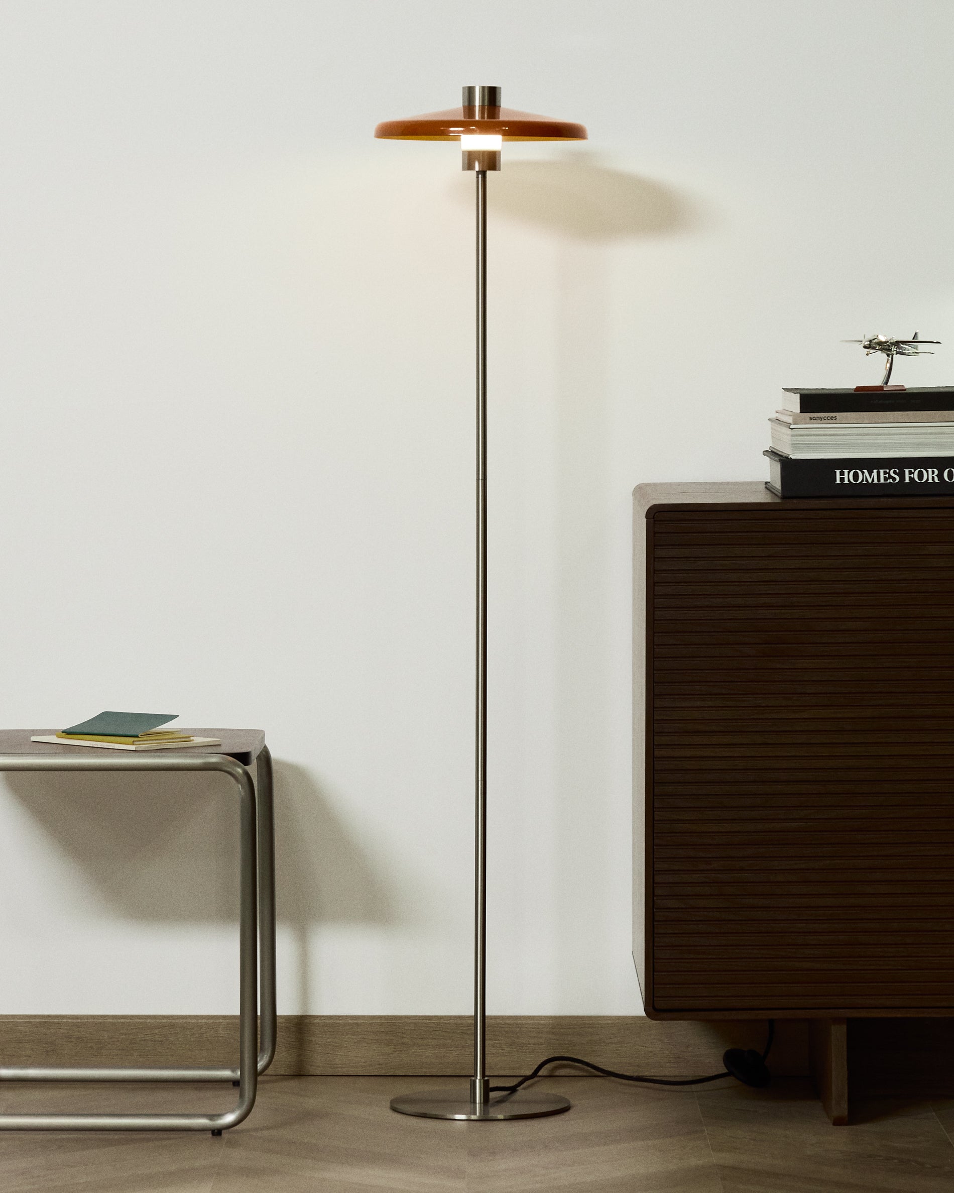 Nuvira floor lamp in light grey brushed metal and orange lampshade - Lifestyle