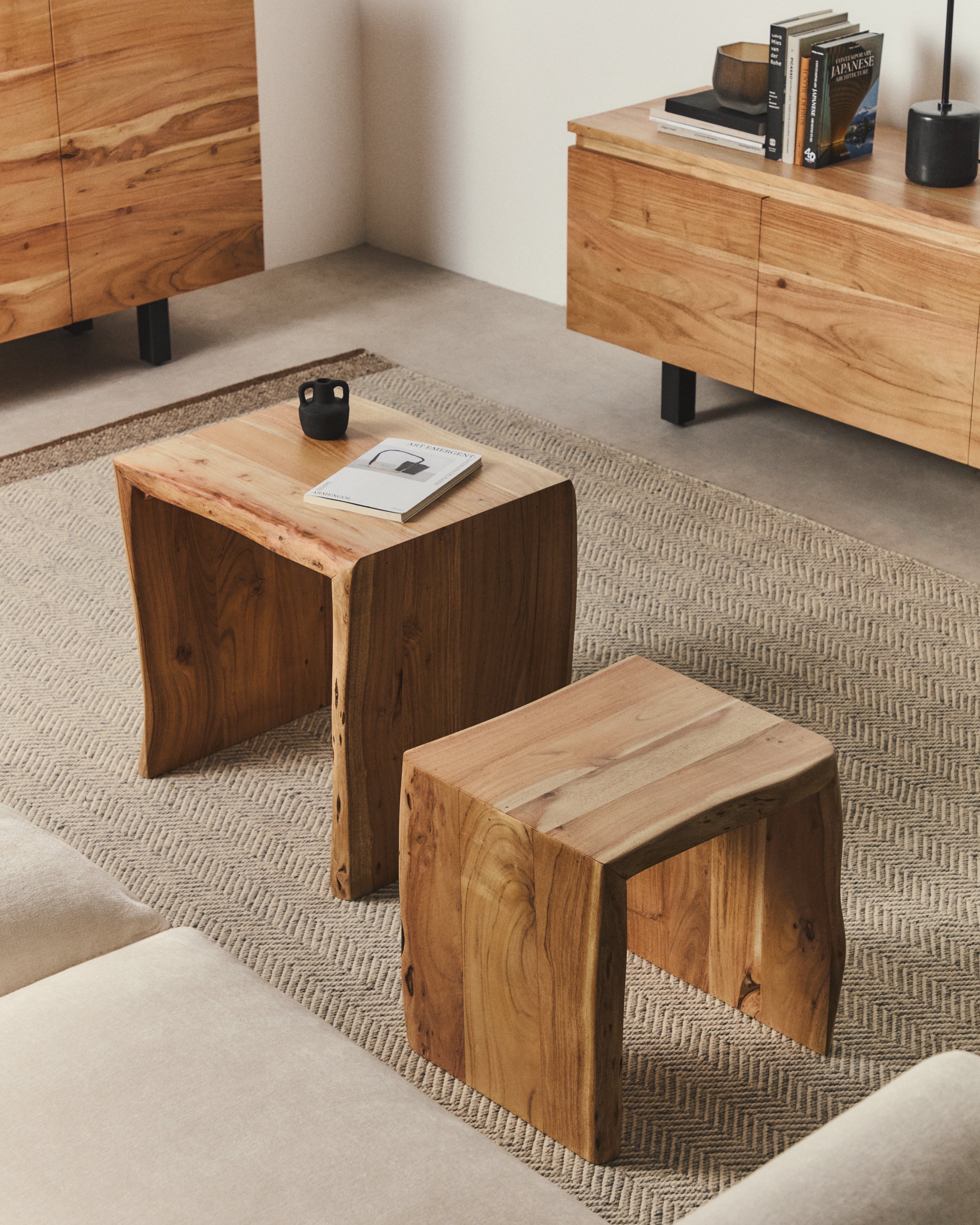 Lomiri set of 2 nesting side tables in solid acacia wood with bleached finish 50 x 42cm/34 x 42cm - Lifestyle