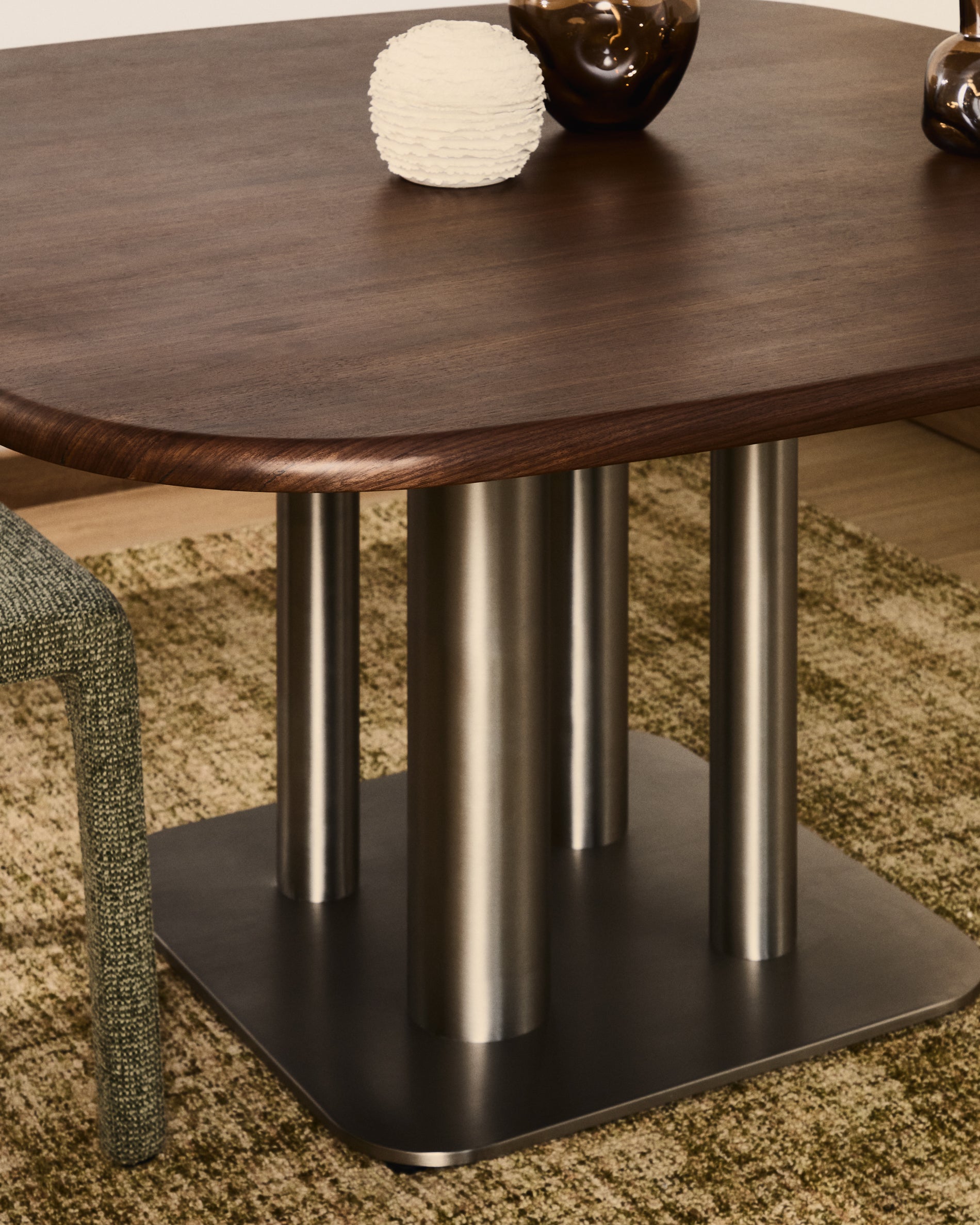 Melvar table made from walnut veneer and legs with brushed stainless steel base 121 x 121cm - Lifestyle