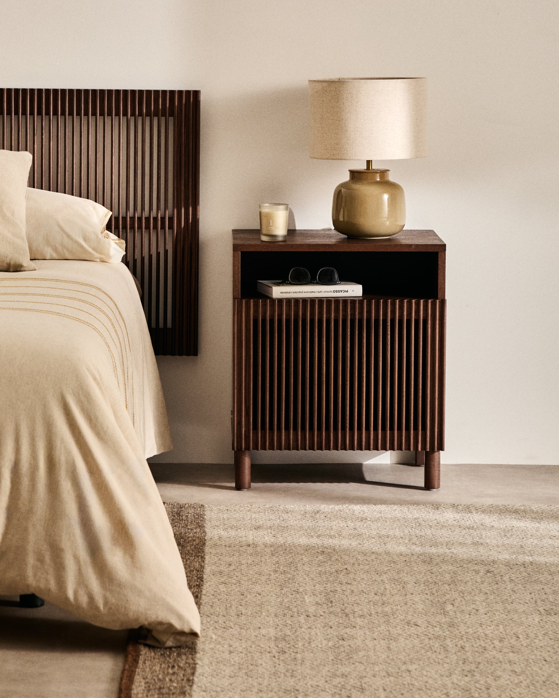 Beyla bedside table in ash veneer and solid ash wood with walnut finish 53 x 62.5cm FSC 100% - Lifestyle