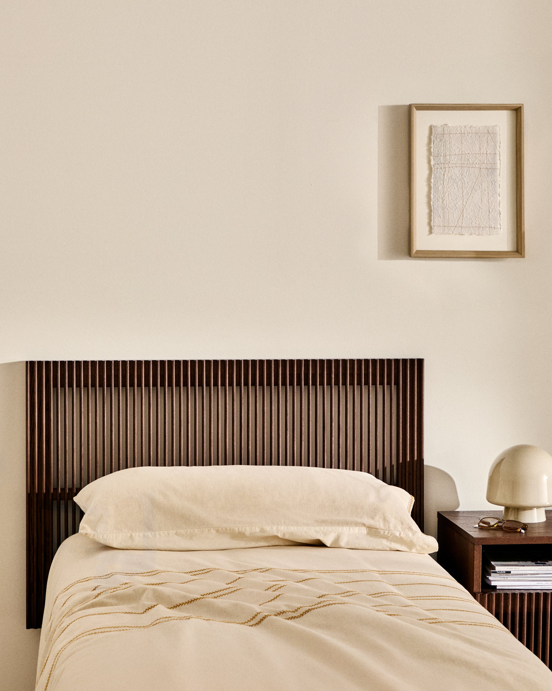 Beyla solid ash wood headboard with walnut finish for 90cm bed FSC 100% - Lifestyle