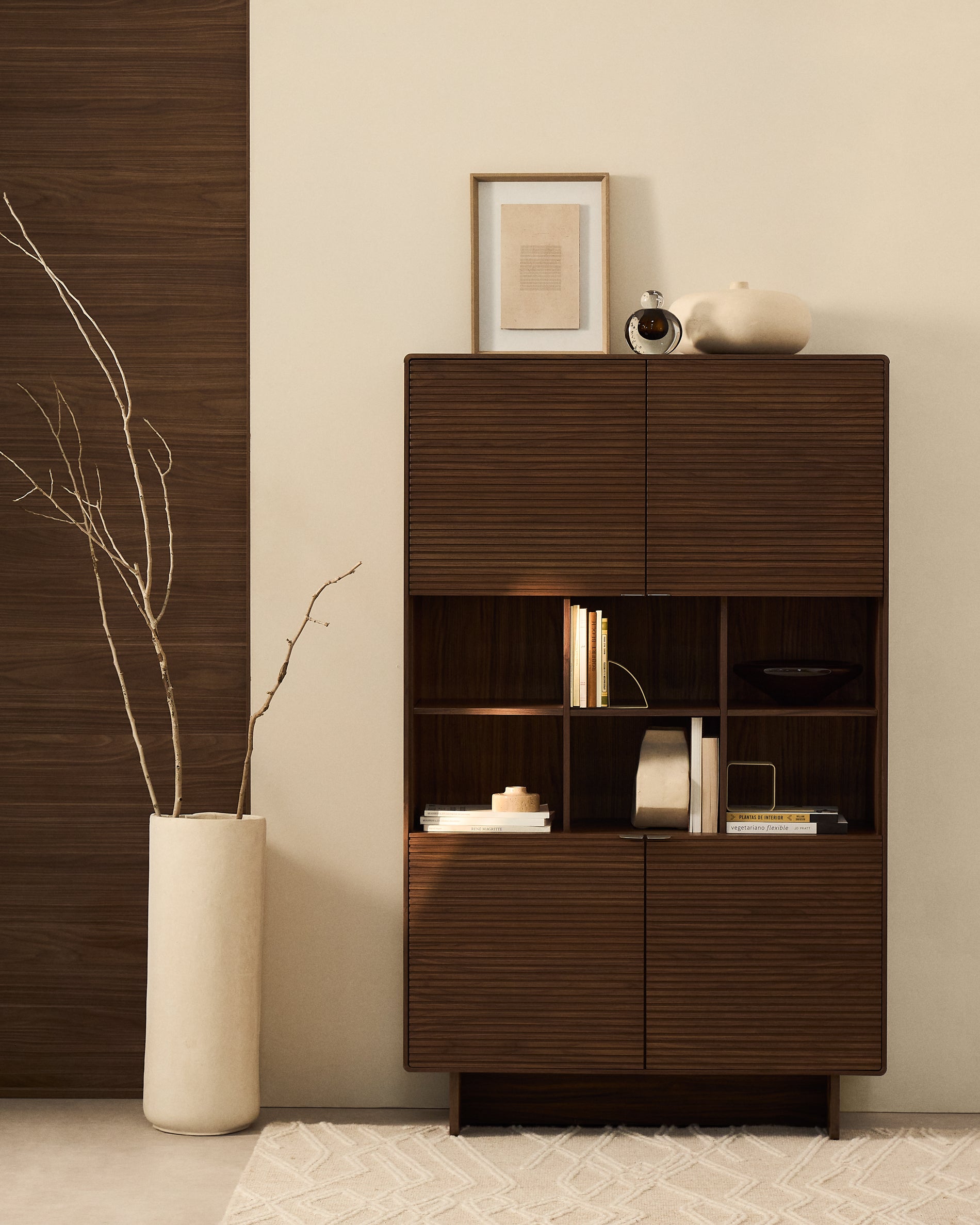Norlen 4-door tall sideboard in walnut veneer FSC Mix Credit 100 x 163cm - Lifestyle
