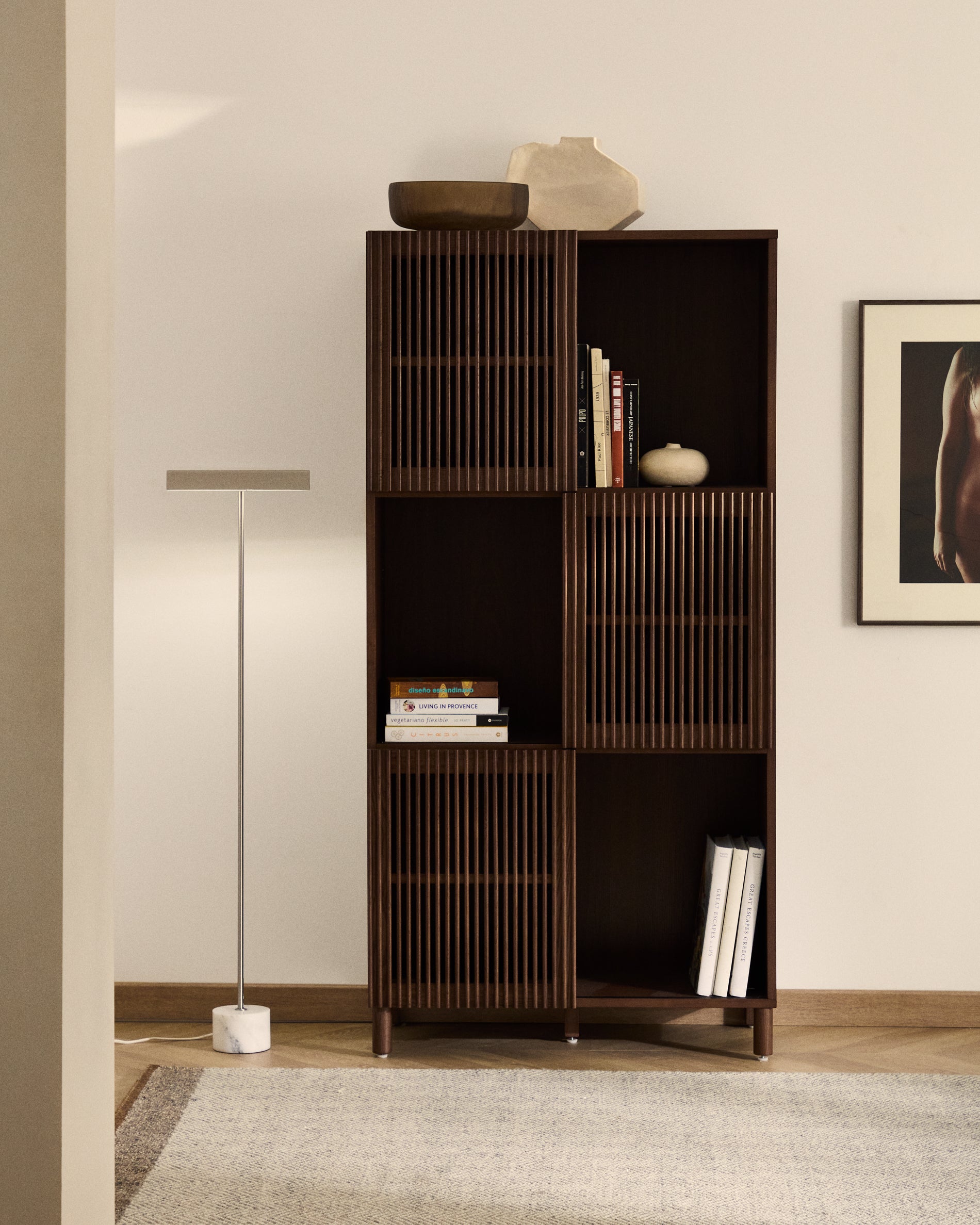 Beyla shelf unit in ash veneer and solid ash wood with walnut finish 84.5 x 170cm FSC 100% - Lifestyle