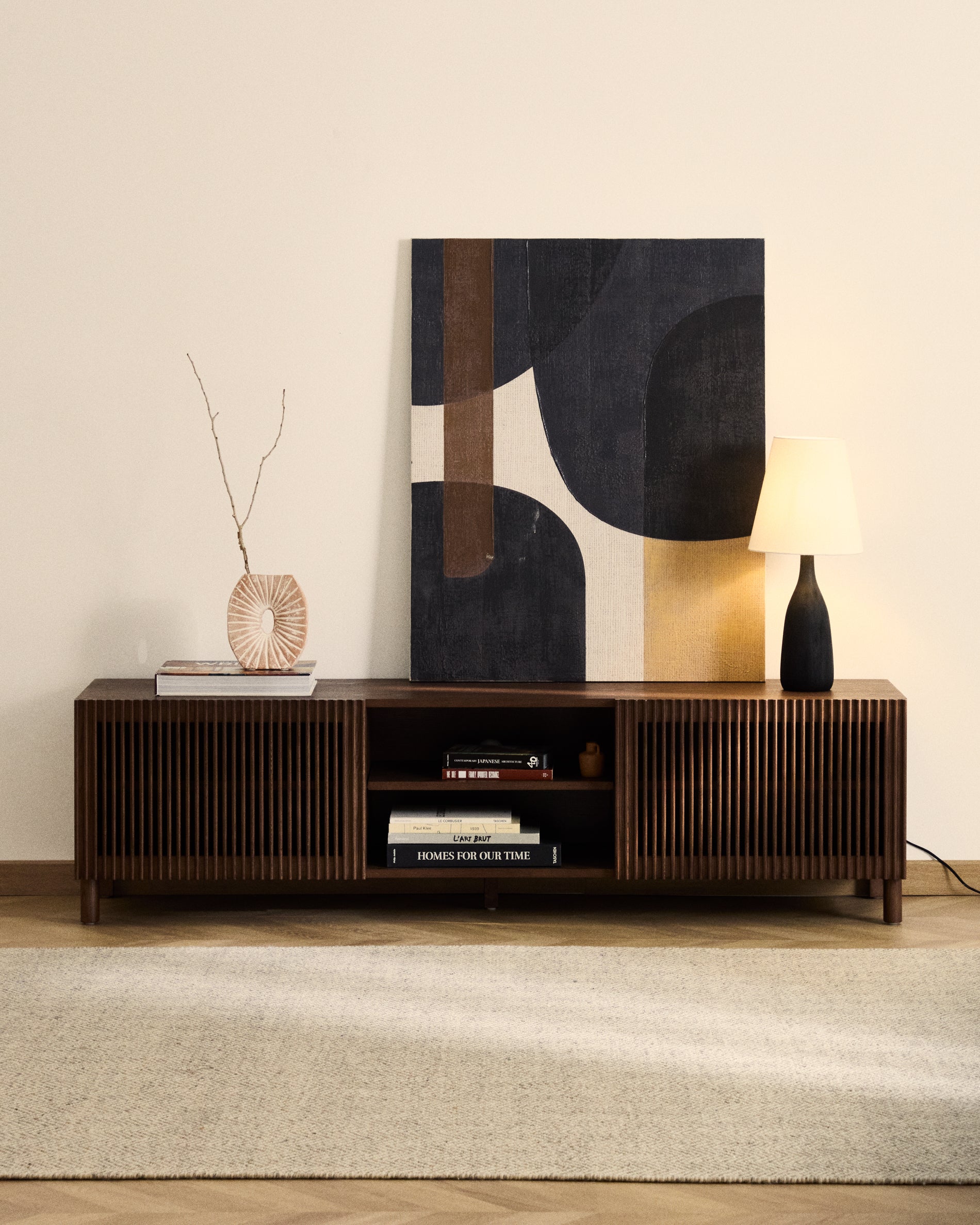 Beyla TV stand in ash veneer and solid ash wood with walnut finish 180 x 49.5cm FSC 100% - Lifestyle