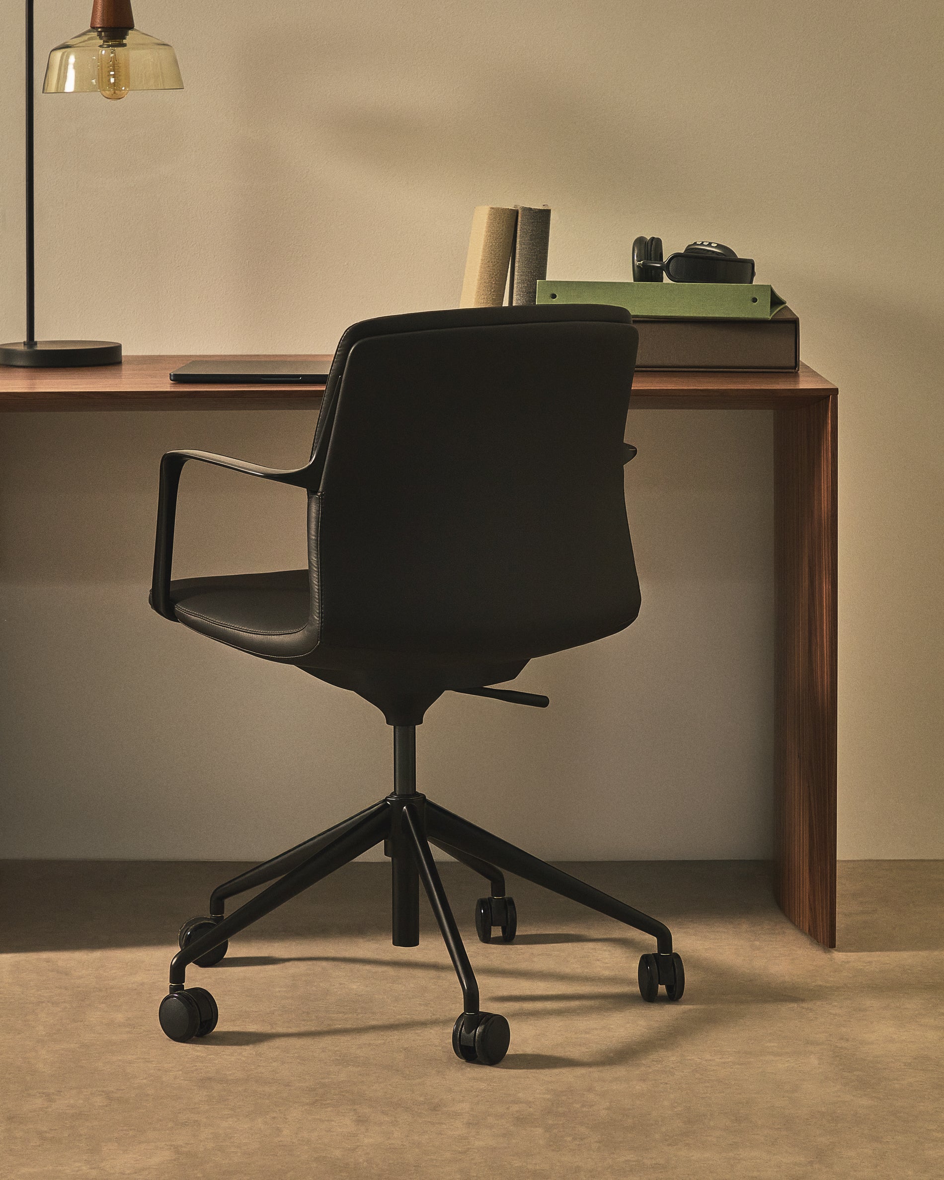 Nerlan desk chair in black faux leather with a black aluminium frame - Lifestyle