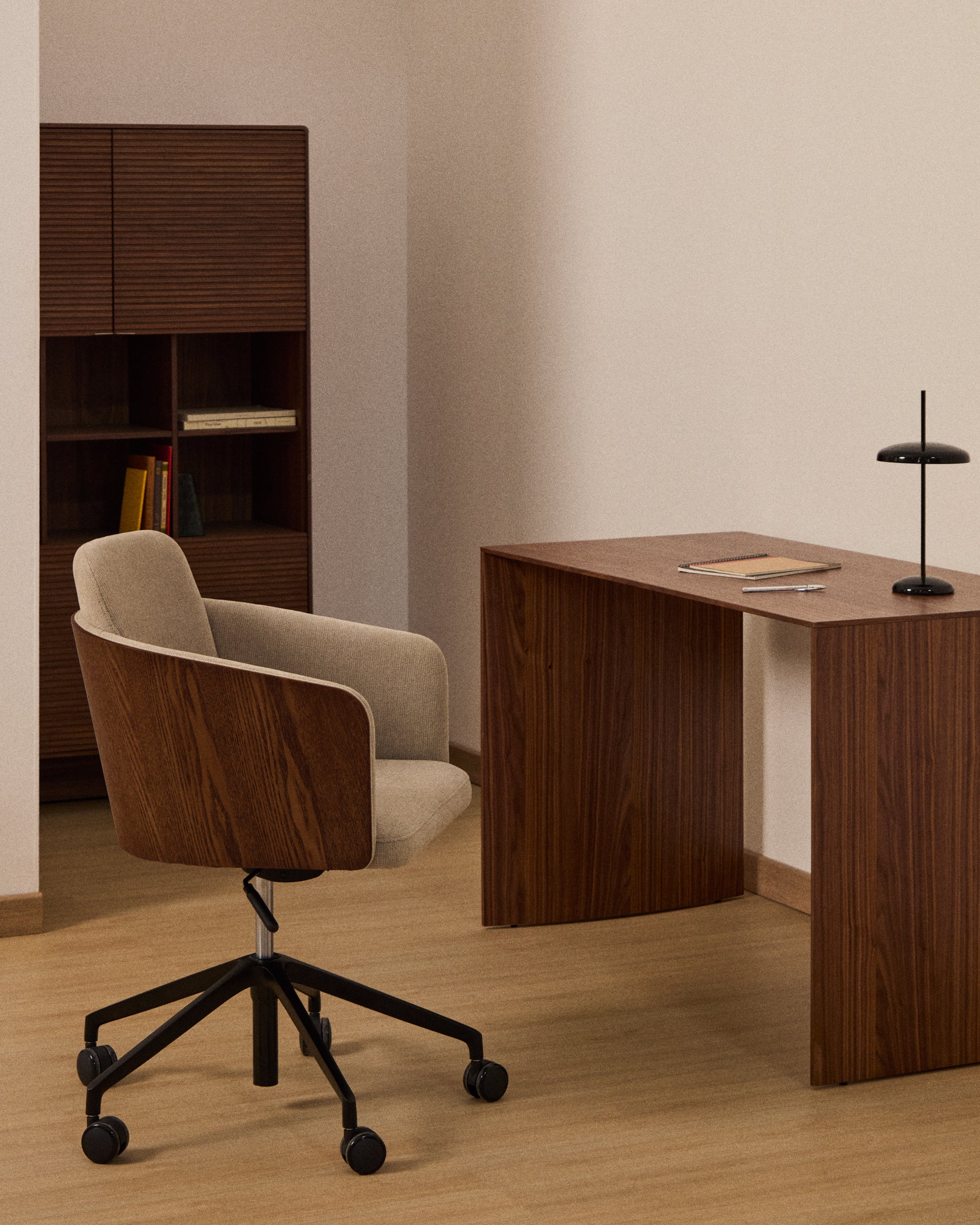 Madai desk chair in brown chenille and ash veneer with walnut finish FSC Mix Credit - Lifestyle