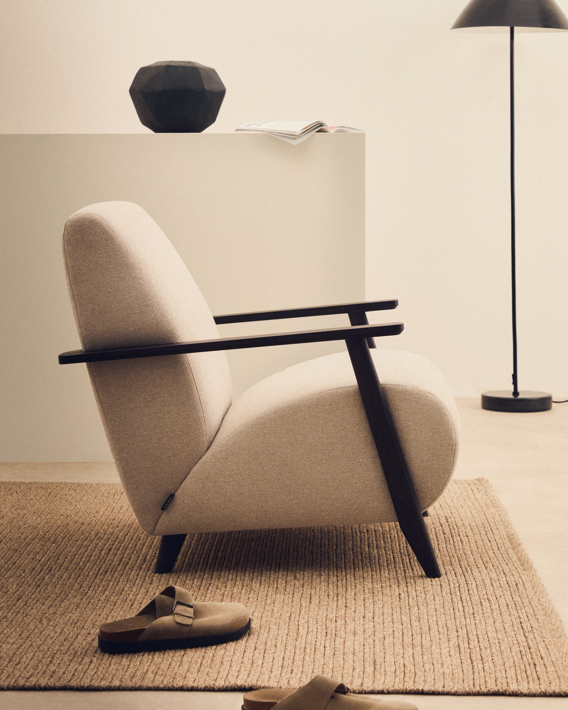 Meghan armchair in pearl chenille and with solid beech wood in a wenge finish FSC Mix Credit - Lifestyle