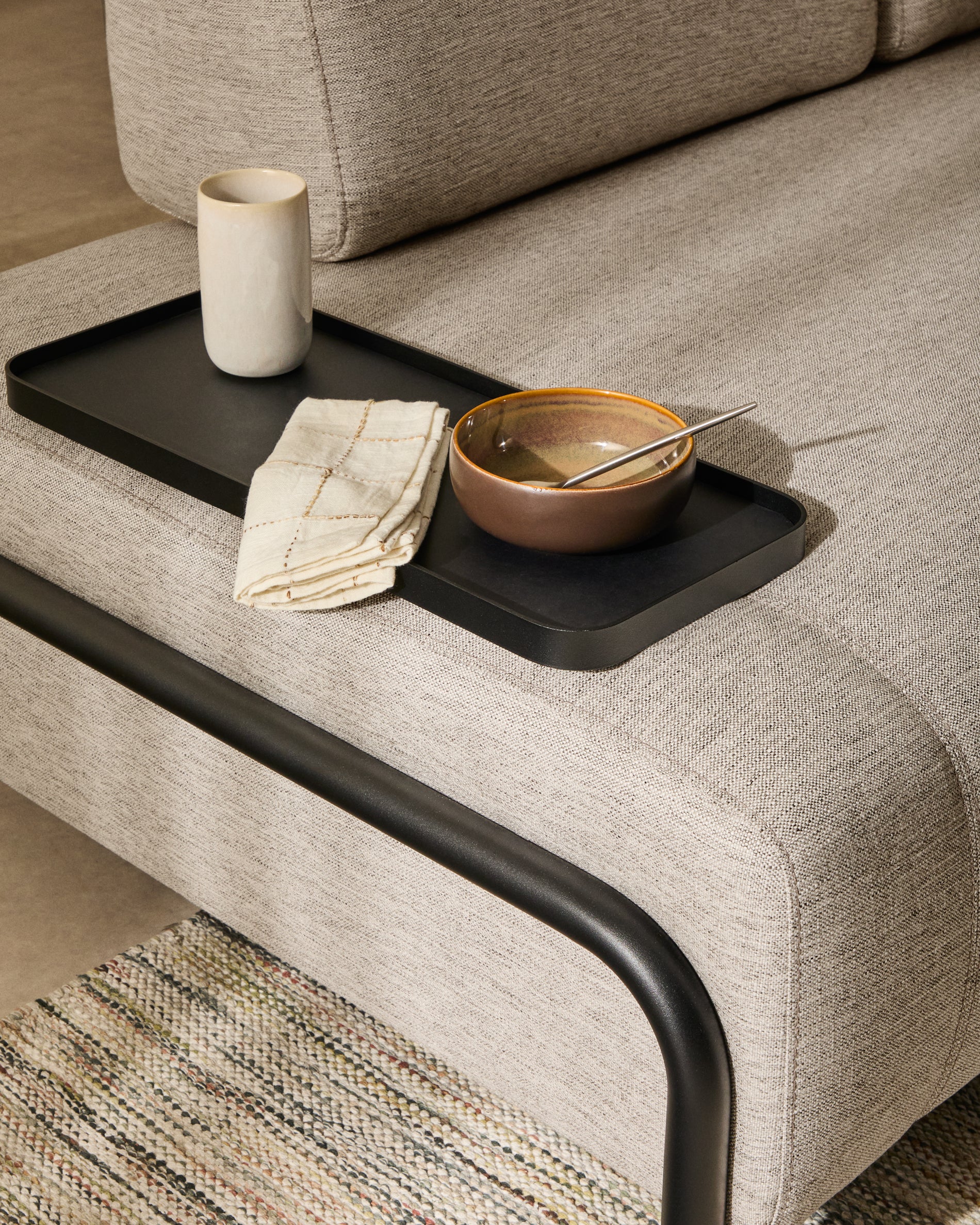 Compo 2-seater greige sofa with small tray table and black metal frame 200 cm FSC Mix Credit - Lifestyle