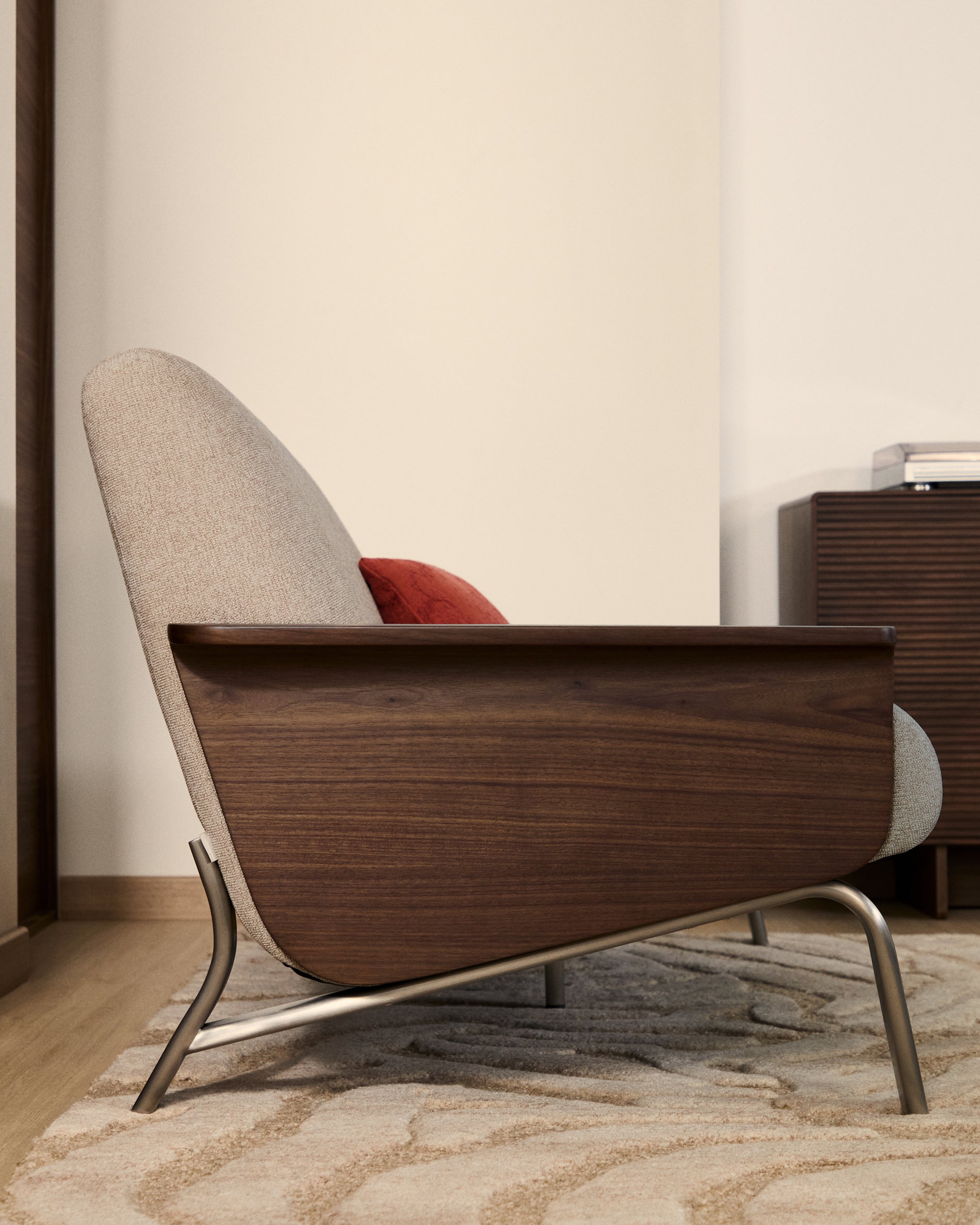 Amsen light brown 2-seater sofa in walnut plywood with brushed stainless steel legs 150cm - Lifestyle