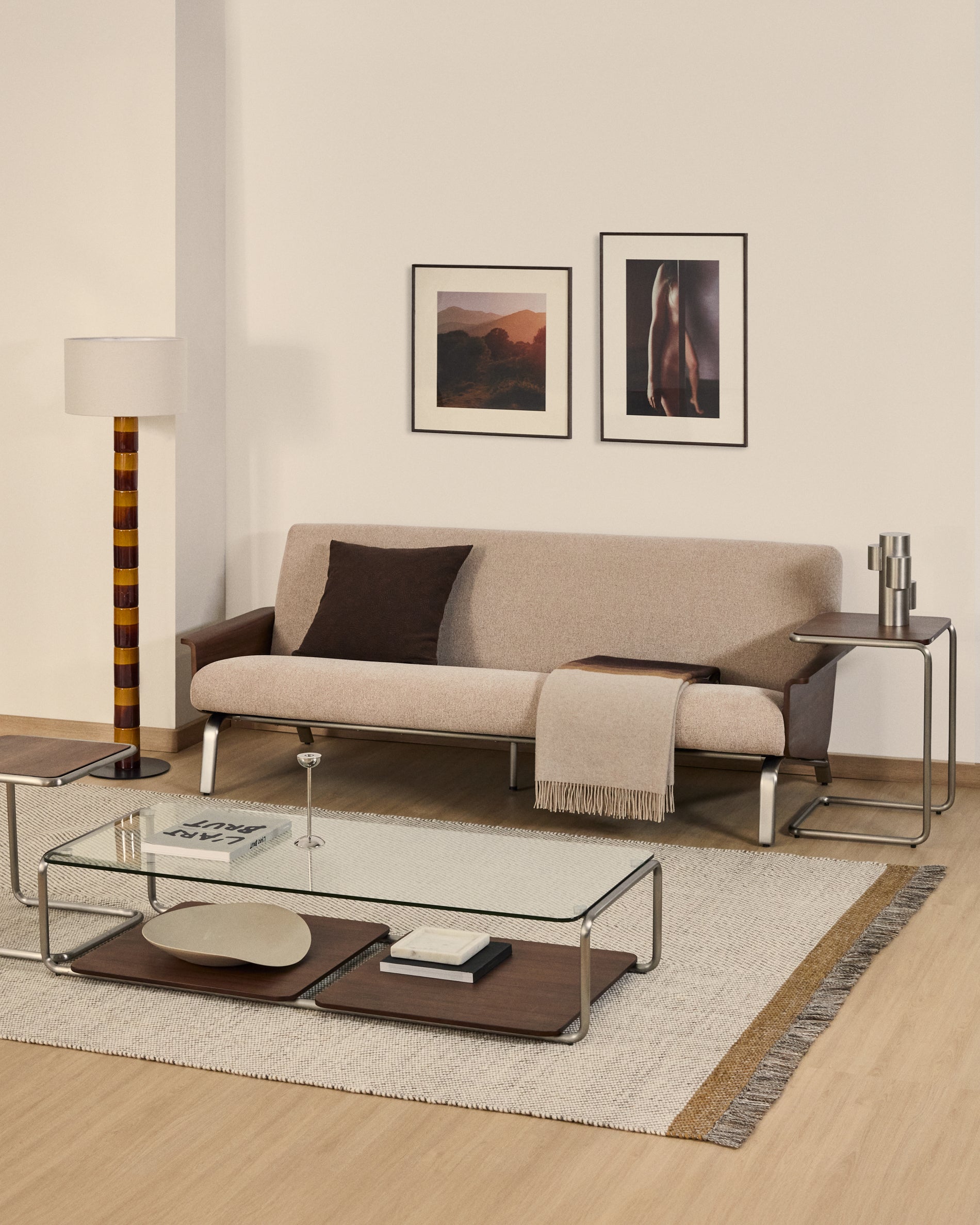Amsen light brown 3-seater sofa in walnut plywood with brushed stainless steel legs 190cm - Lifestyle