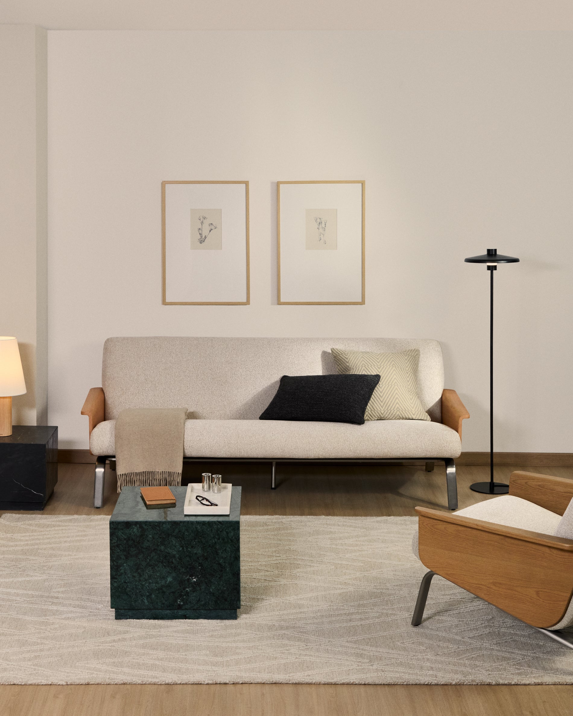 Amsen beige chenille 3-seater sofa in oak plywood with brushed stainless steel legs 190cm - Lifestyle