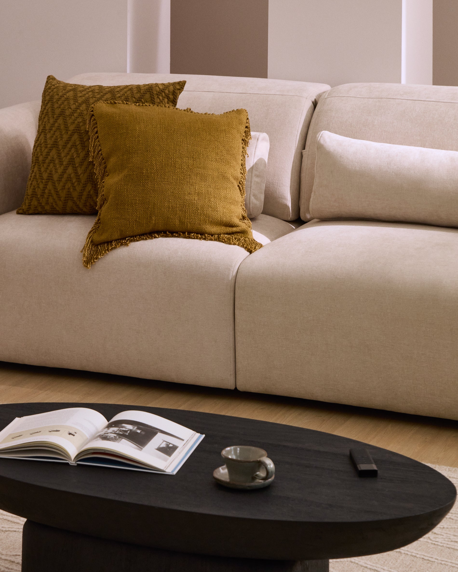 Lares 5-seater sofa with motorised sliding seats and reclining headrest in beige chenille 335cm - Lifestyle