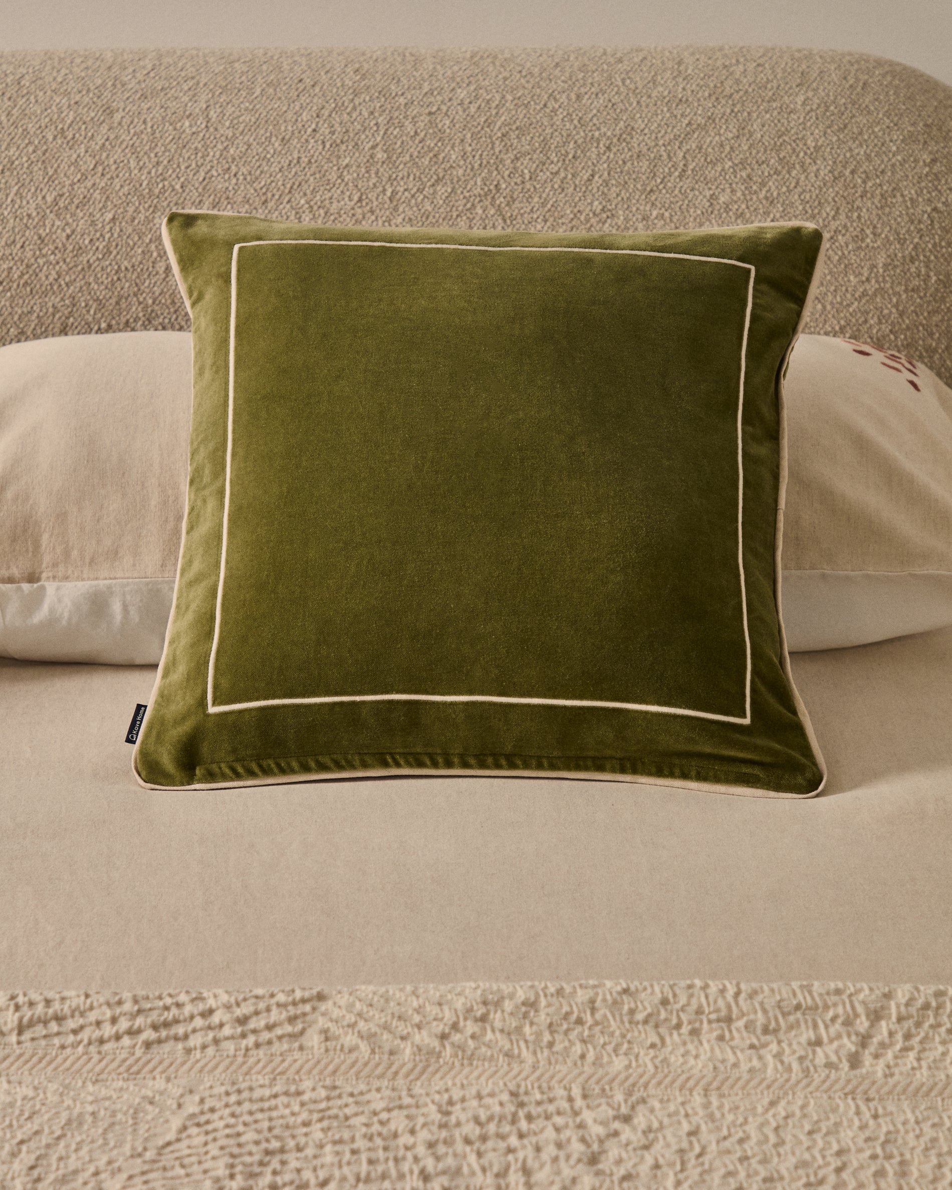 Tivani green embroidered velvet cushion cover with contrasting trim 45 x 45cm - Lifestyle