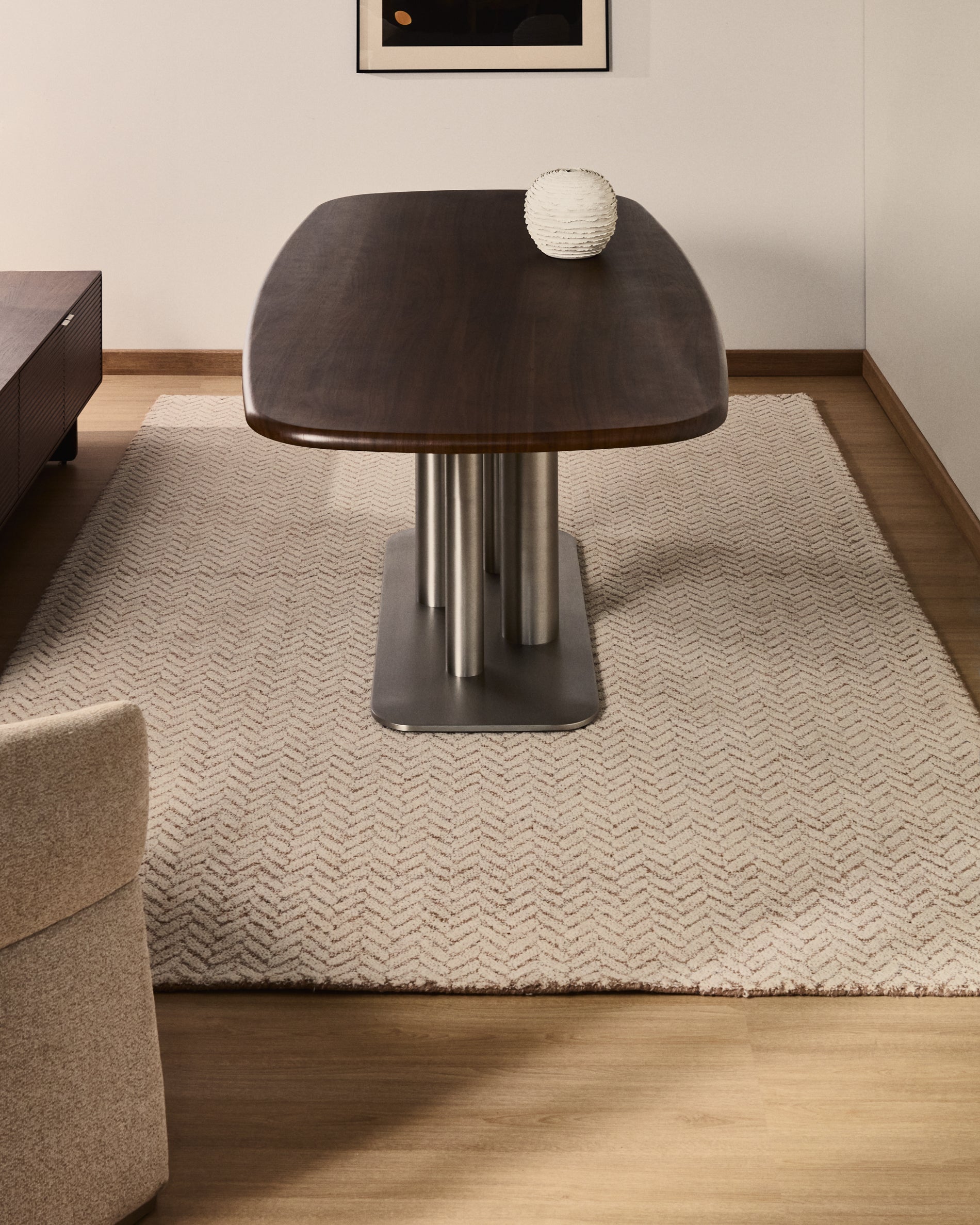 Calira beige woven jacquard wool rug 300 x 200cm - Lifestyle