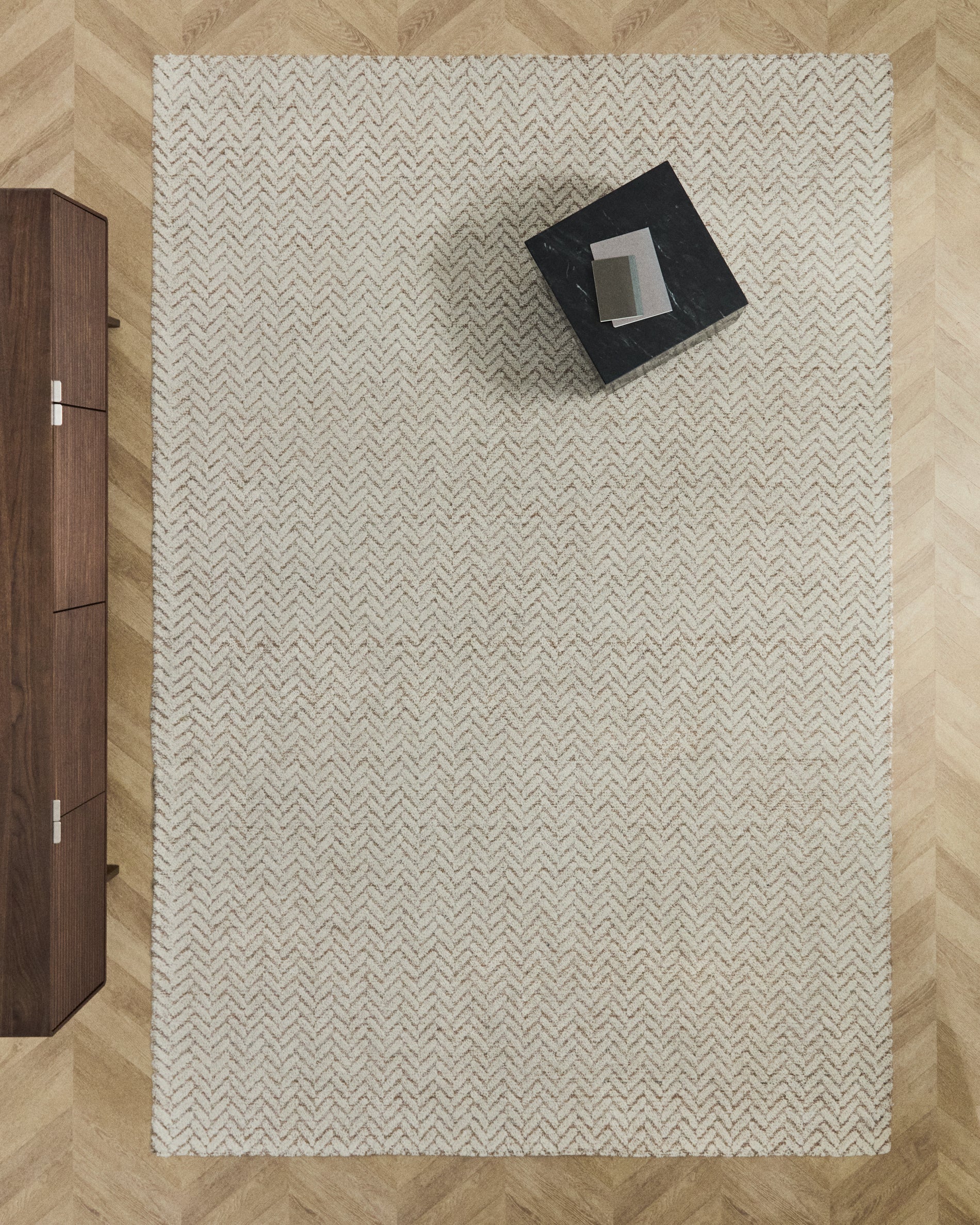 Calira beige woven jacquard wool rug 300 x 200cm - Lifestyle