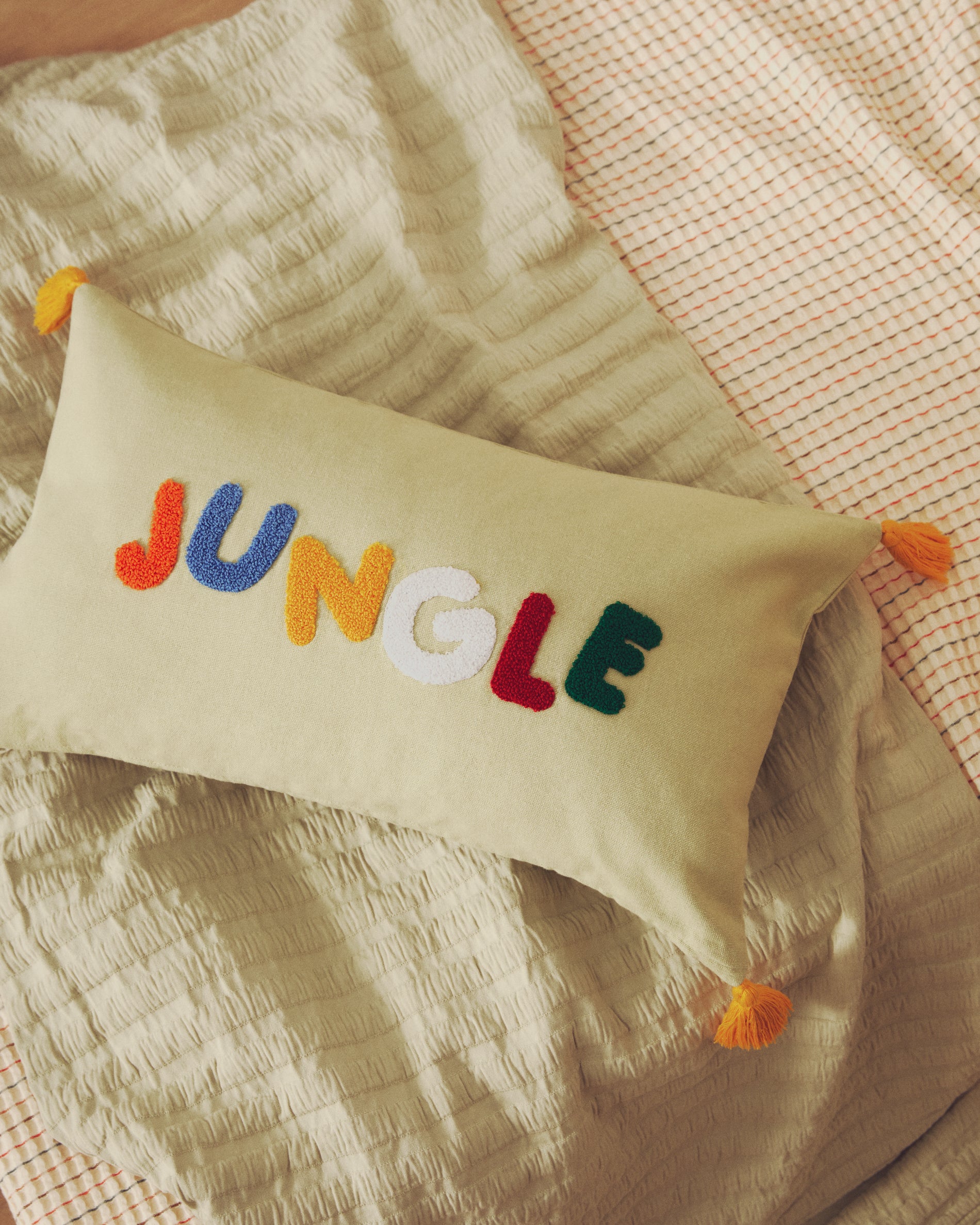 Tandani green cotton cushion cover with multicoloured embroidered lettering 30 x 50cm - Lifestyle