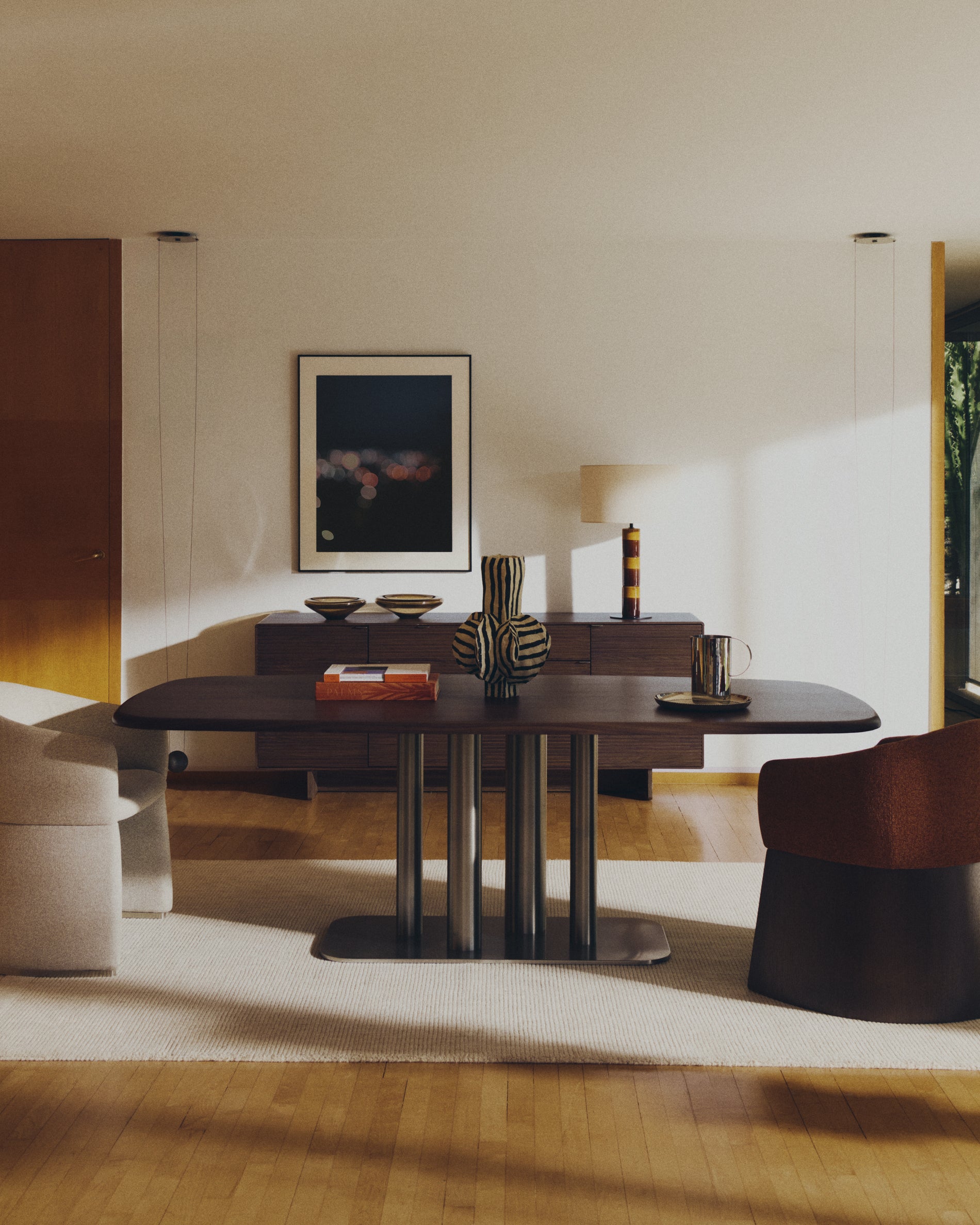 Mavran table lamp with brown and mustard ceramic base and cotton lampshade - Lifestyle
