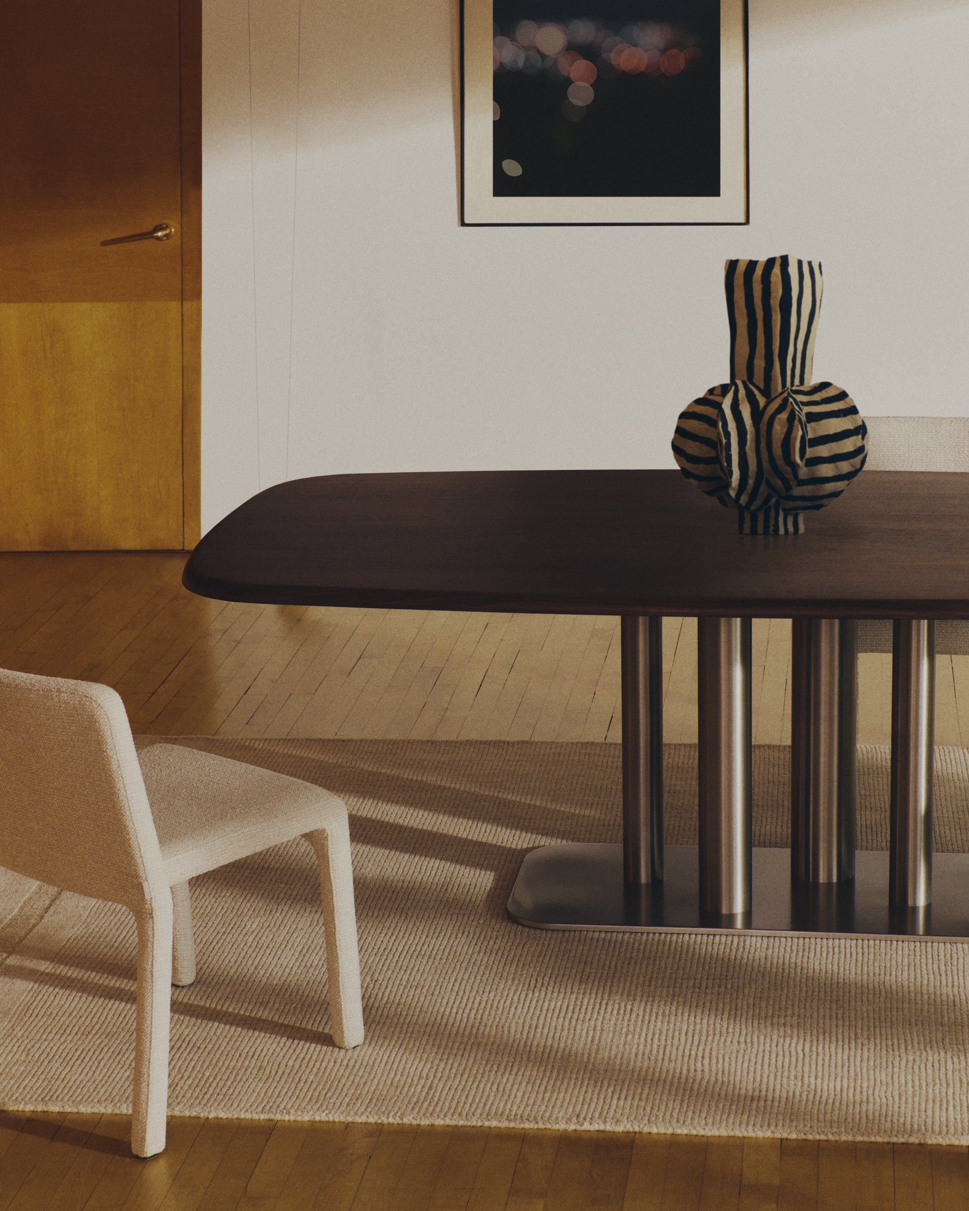 Melvar table made from walnut veneer and legs with brushed stainless steel base 180 x 100cm - Lifestyle