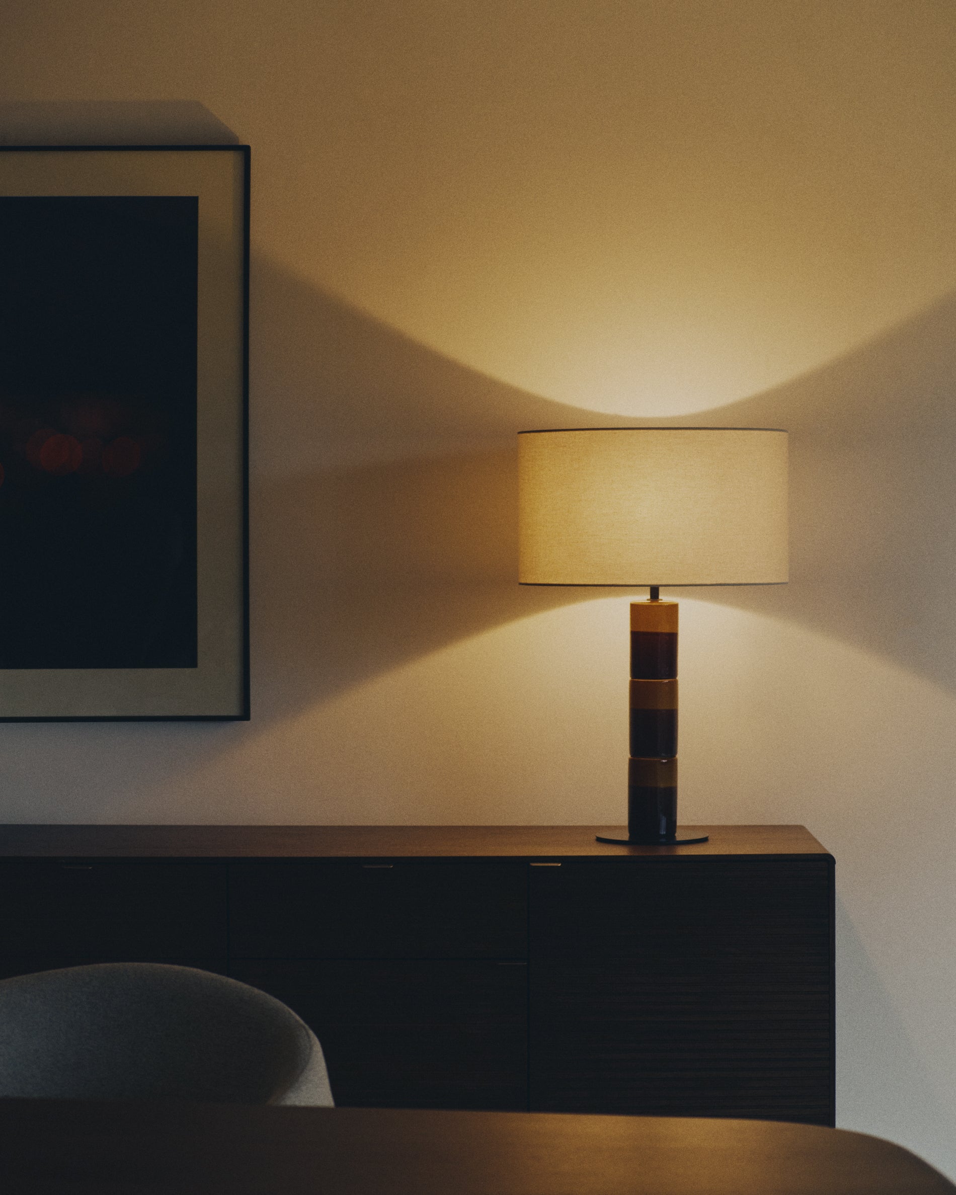 Mavran table lamp with brown and mustard ceramic base and cotton lampshade - Lifestyle