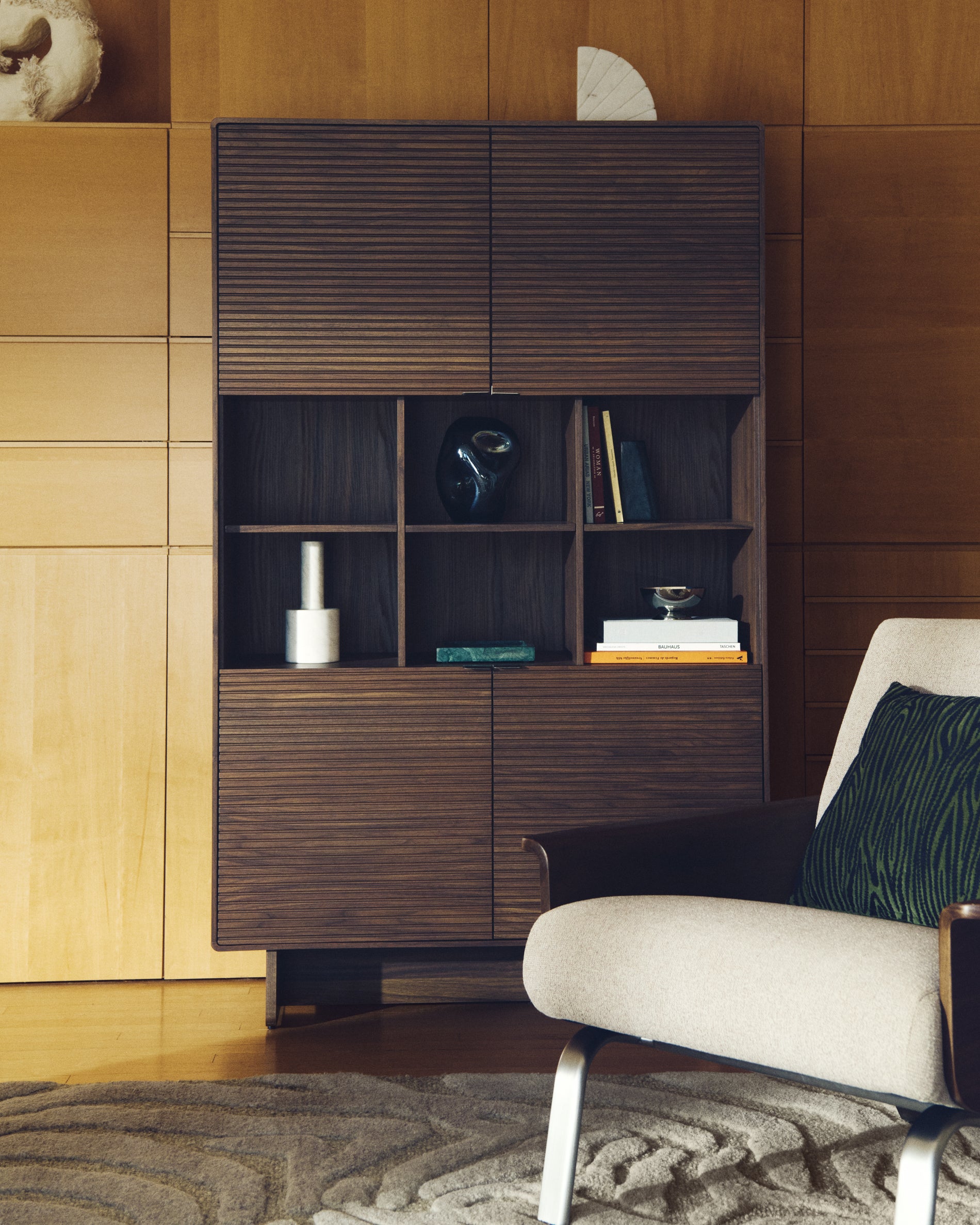 Norlen 4-door tall sideboard in walnut veneer FSC Mix Credit 100 x 163cm - Lifestyle
