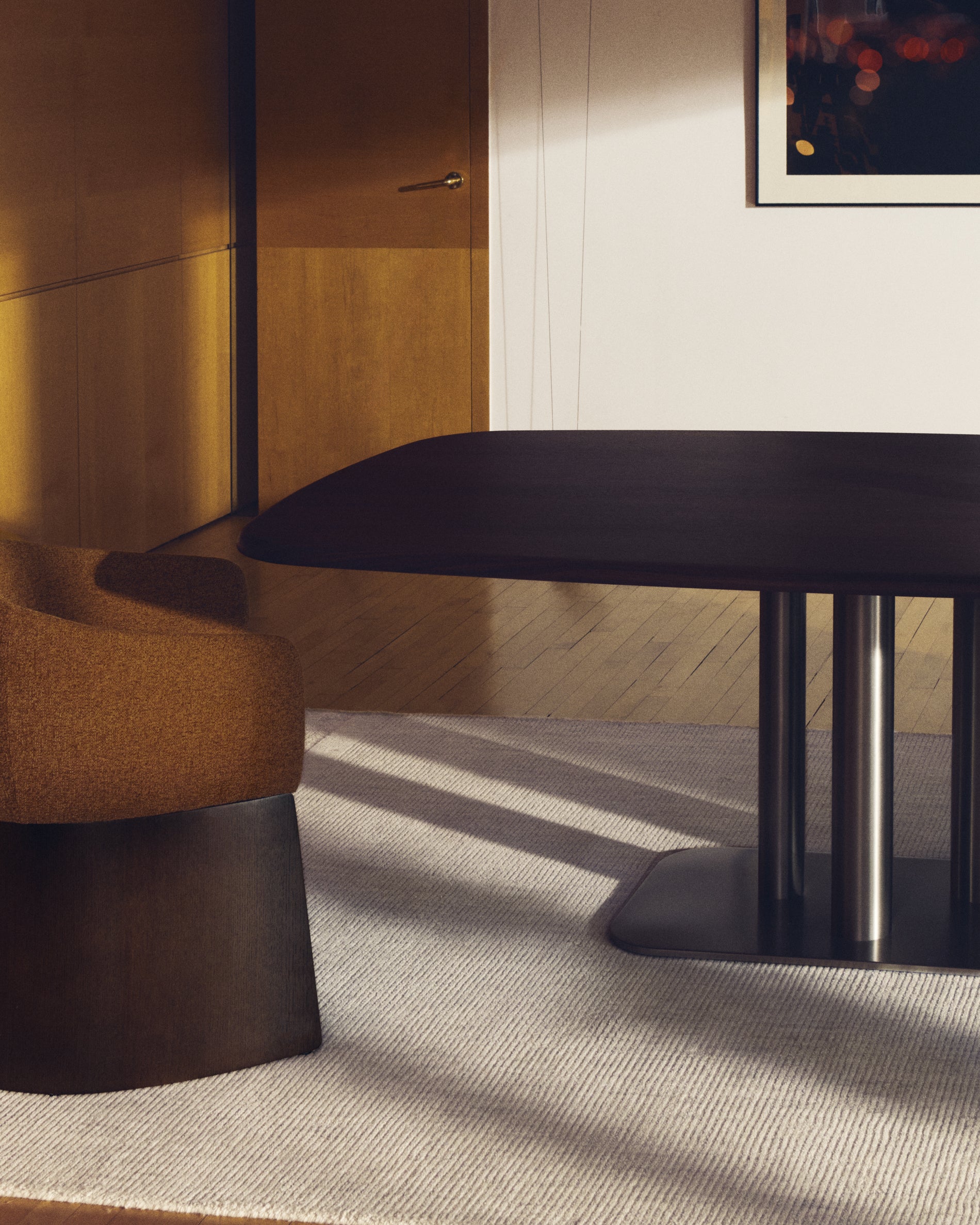 Melvar table made from walnut veneer and legs with brushed stainless steel base 180 x 100cm - Lifestyle