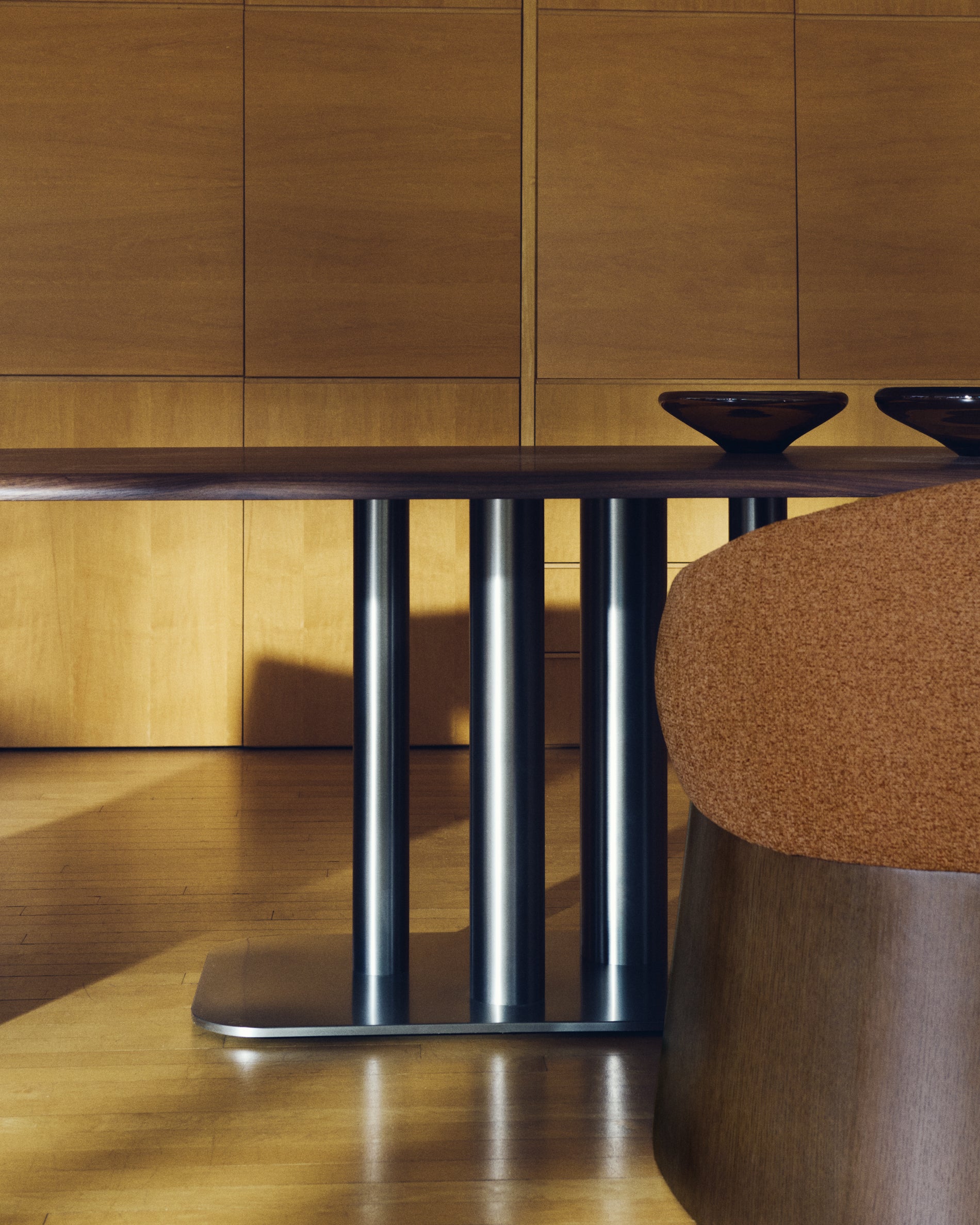 Melvar table made from walnut veneer and legs with brushed stainless steel base 180 x 100cm - Lifestyle