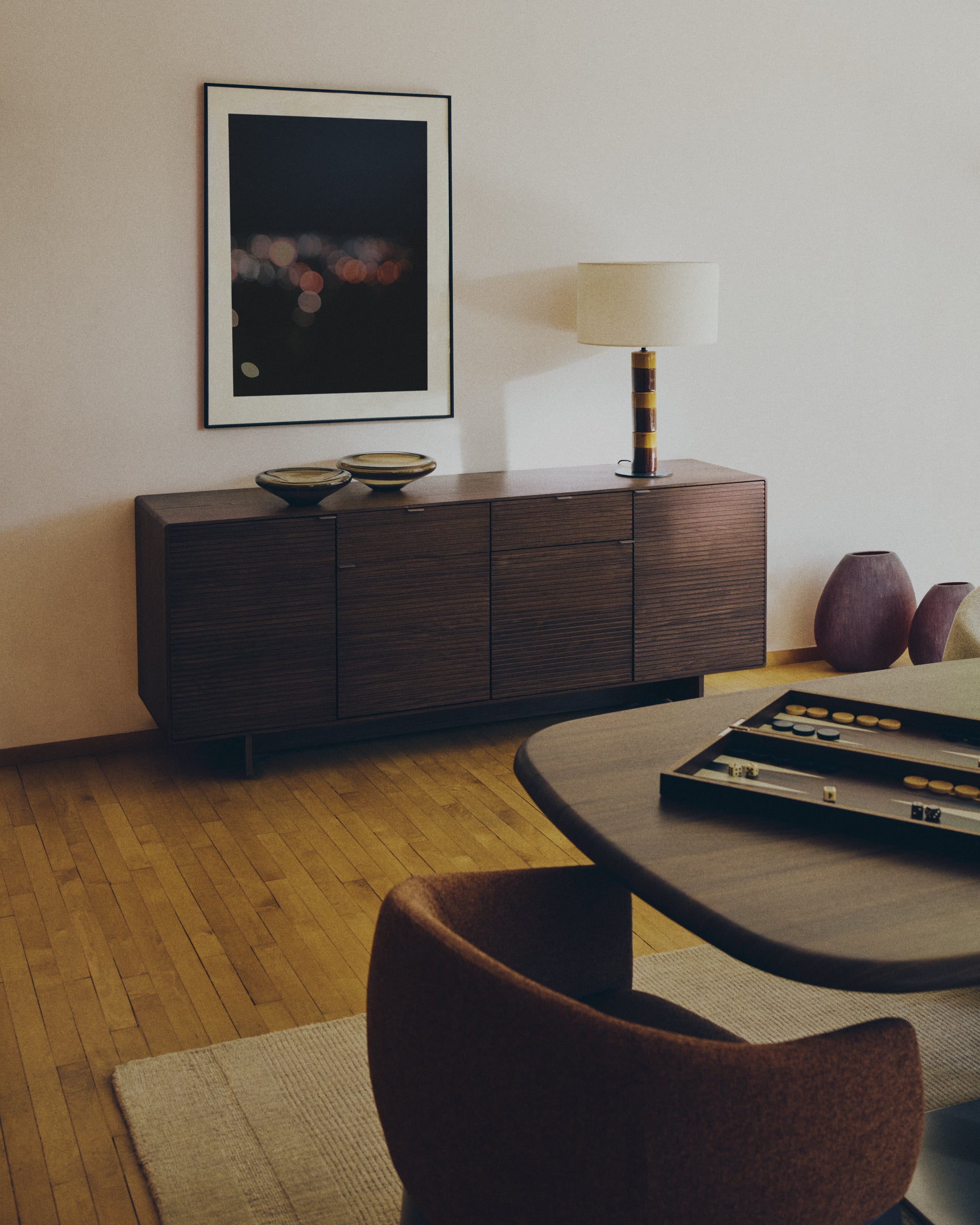 Mavran table lamp with brown and mustard ceramic base and cotton lampshade - Lifestyle