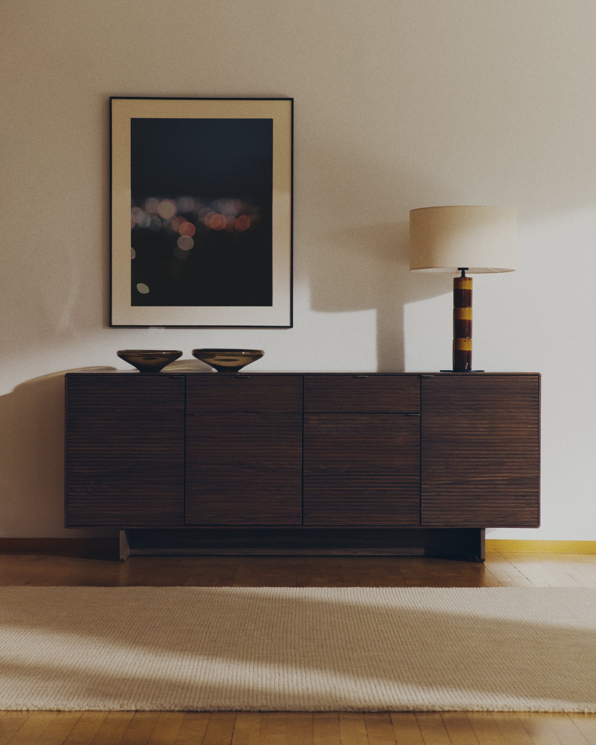 Mavran table lamp with brown and mustard ceramic base and cotton lampshade - Lifestyle