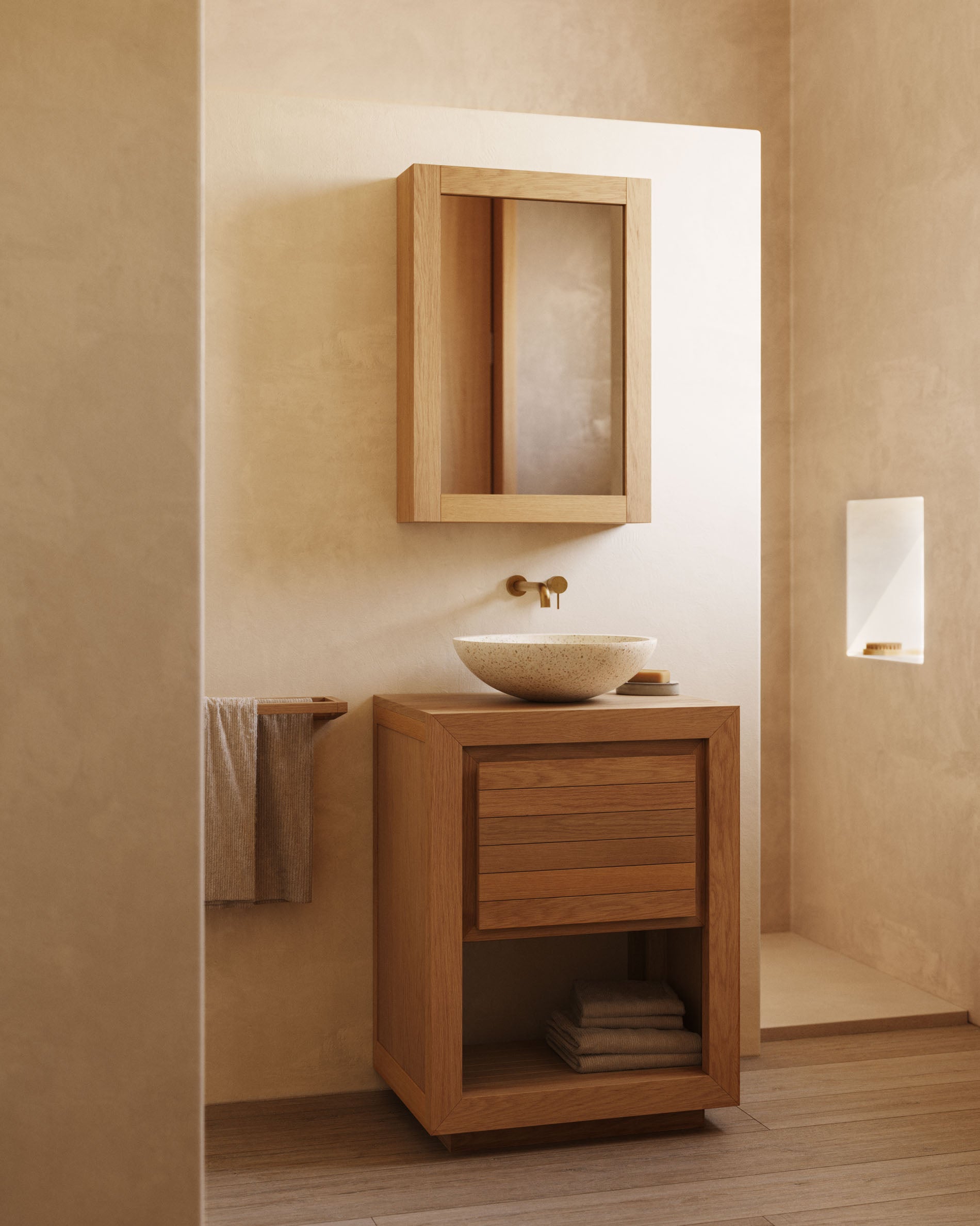 Saula bathroom furniture in solid teak wood with natural finish, 60 x 45 cm - Lifestyle