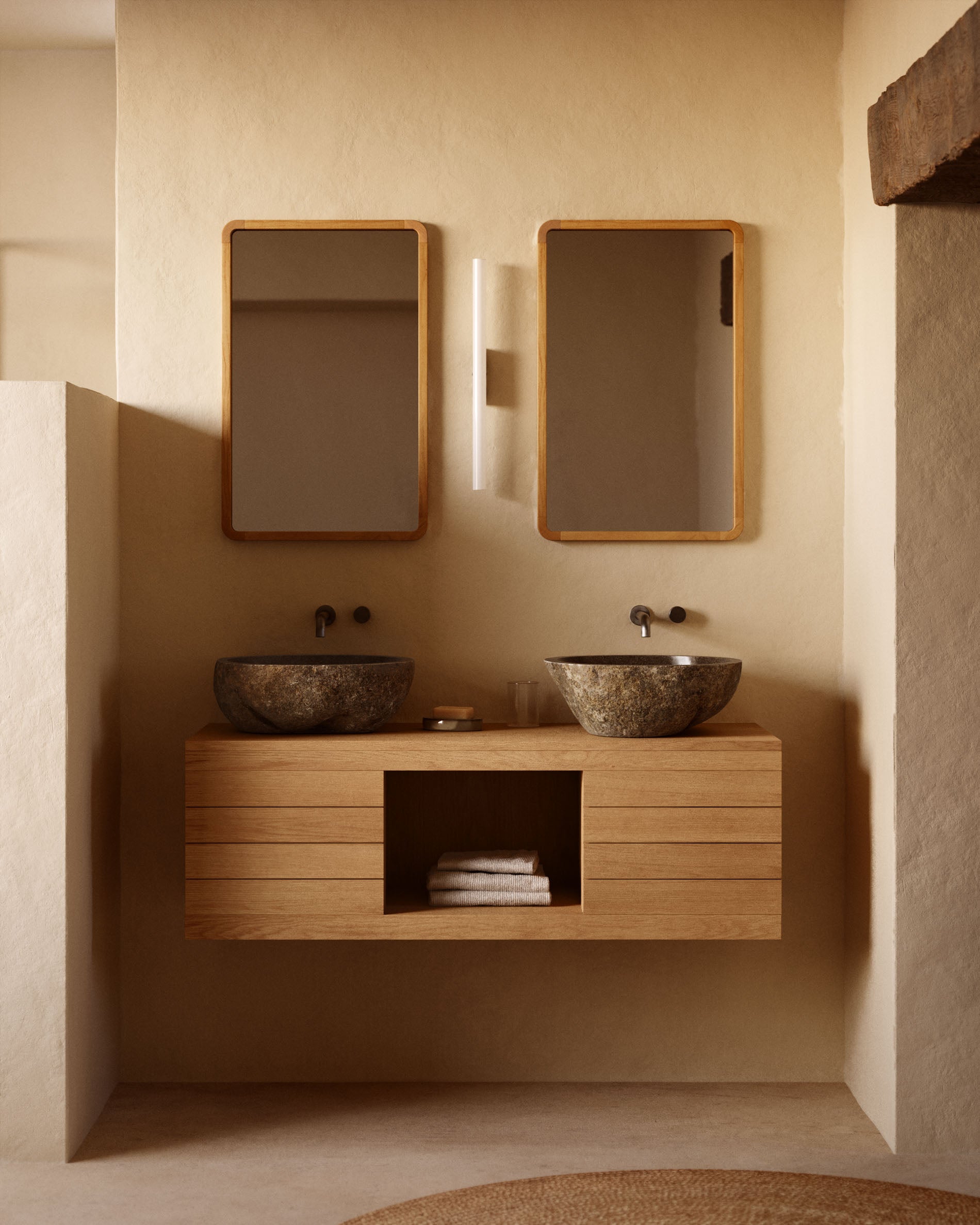 Yenit bathroom furniture in solid teak wood with a natural finish, 120 x 45 cm - Lifestyle