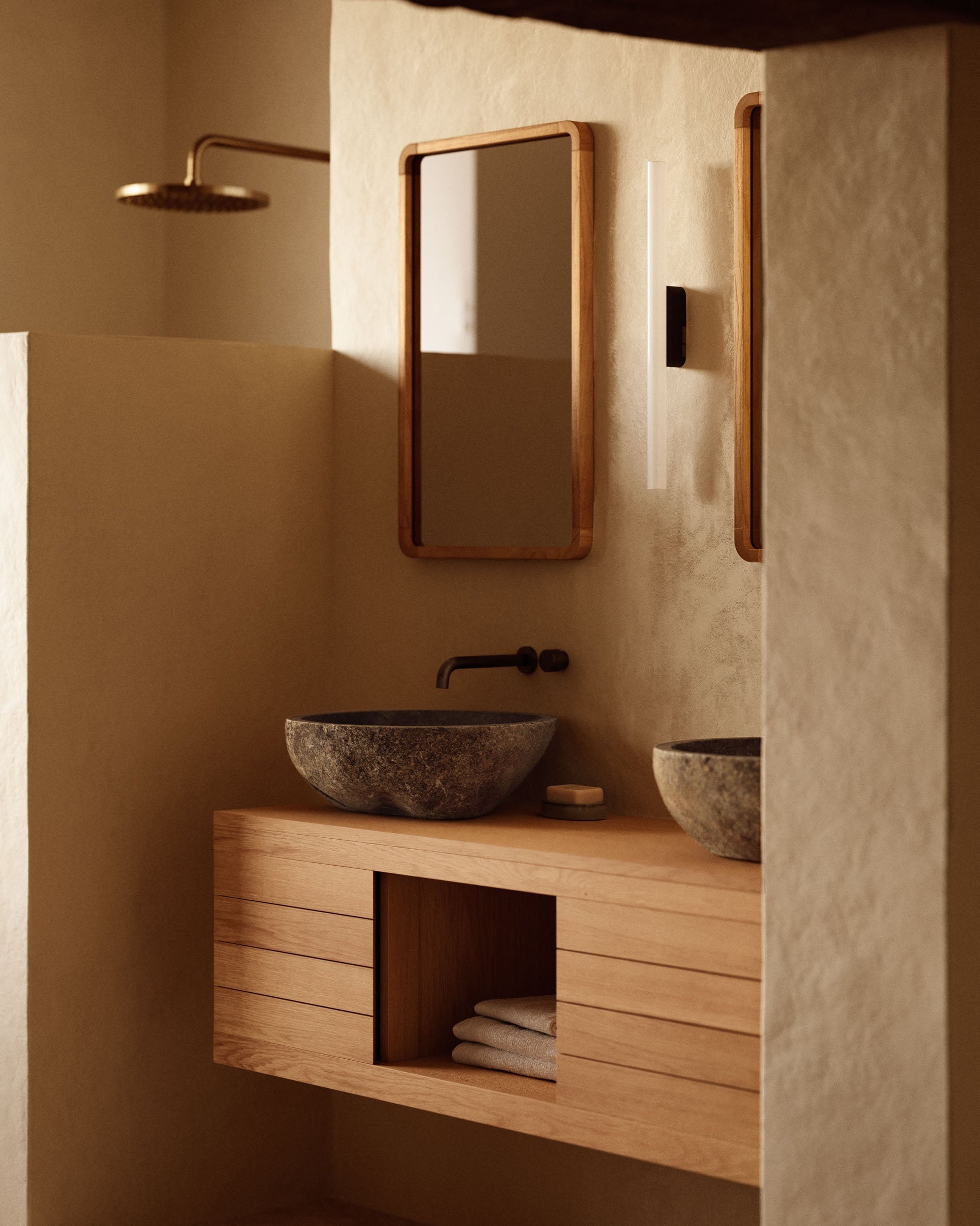 Yenit bathroom furniture in solid teak wood with a natural finish, 120 x 45 cm - Lifestyle