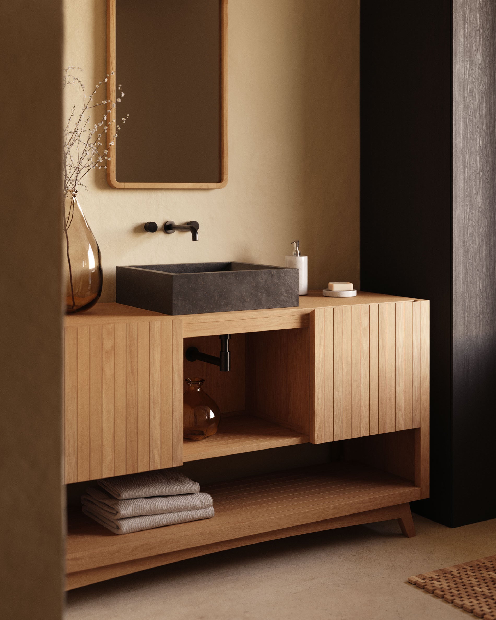 Kuveni bathroom furniture in solid teak wood with a natural finish,  140 x 50 cm - Lifestyle