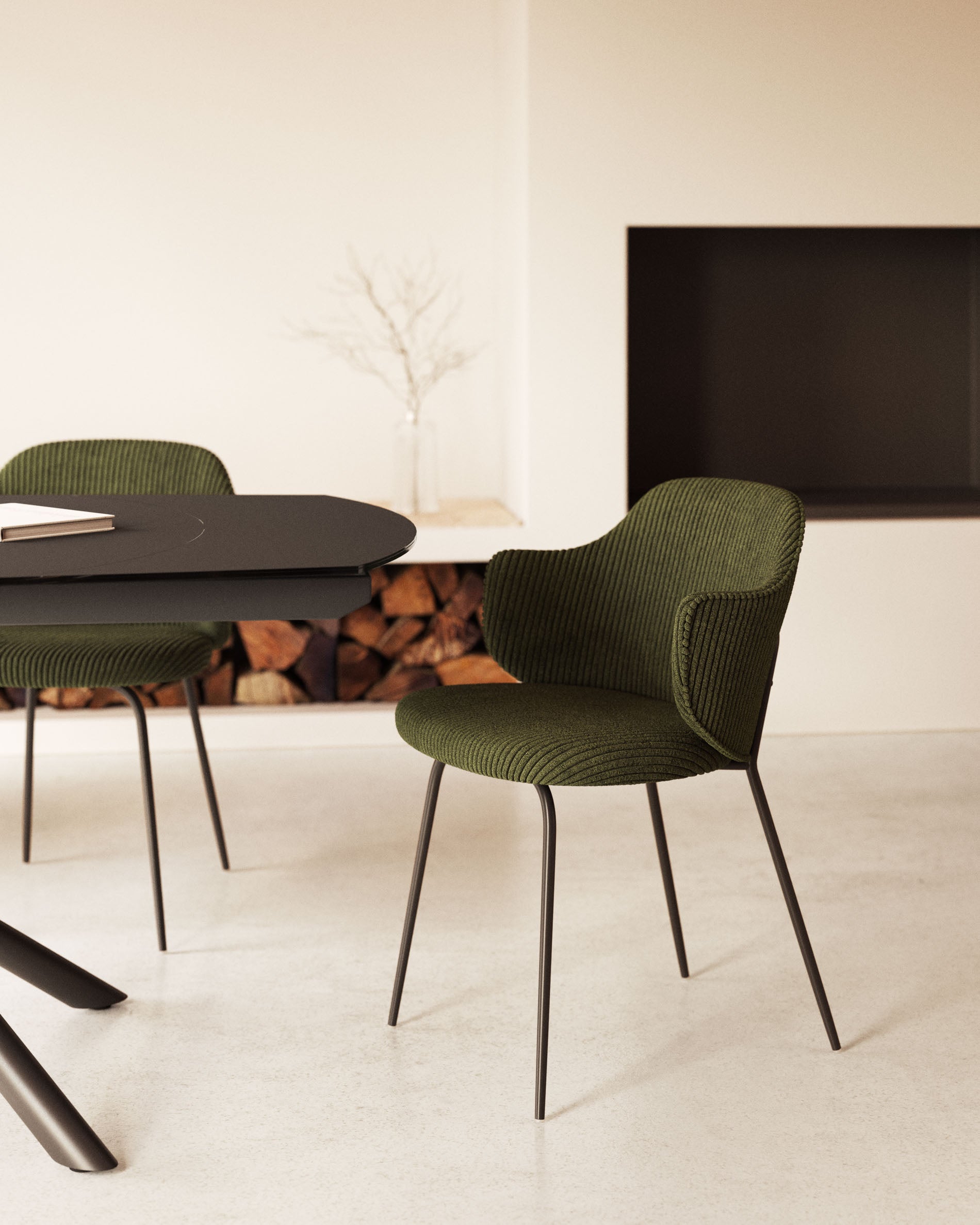 Yunia chair in green wide seam corduroy with steel legs in a painted black finish FR - Lifestyle